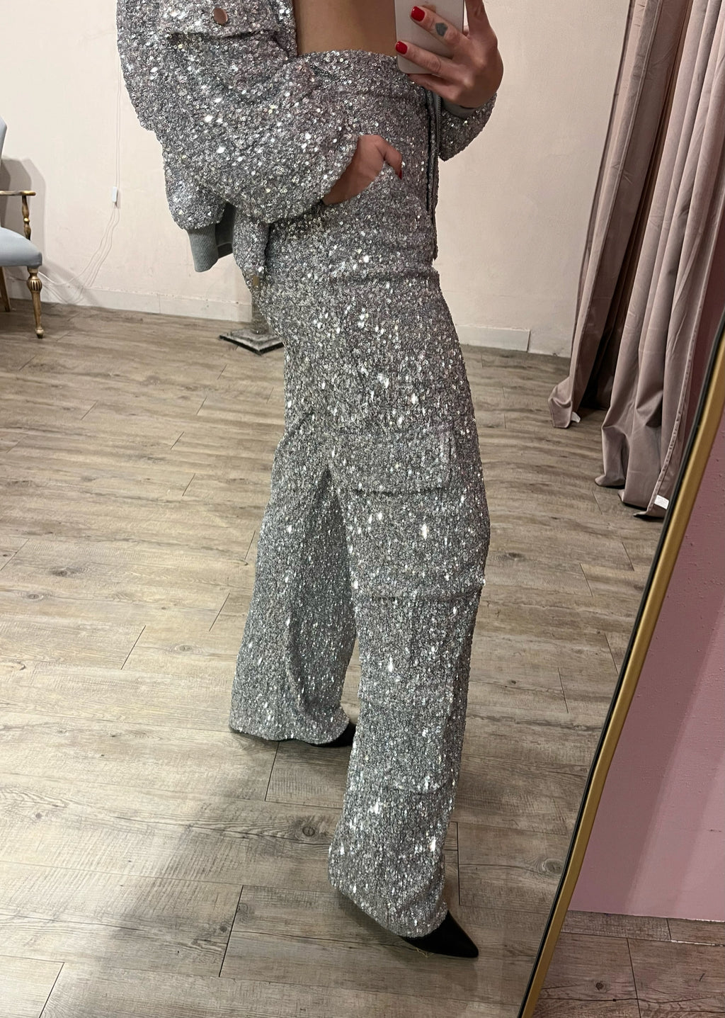 Pantalone Cargo Paillettes Argento