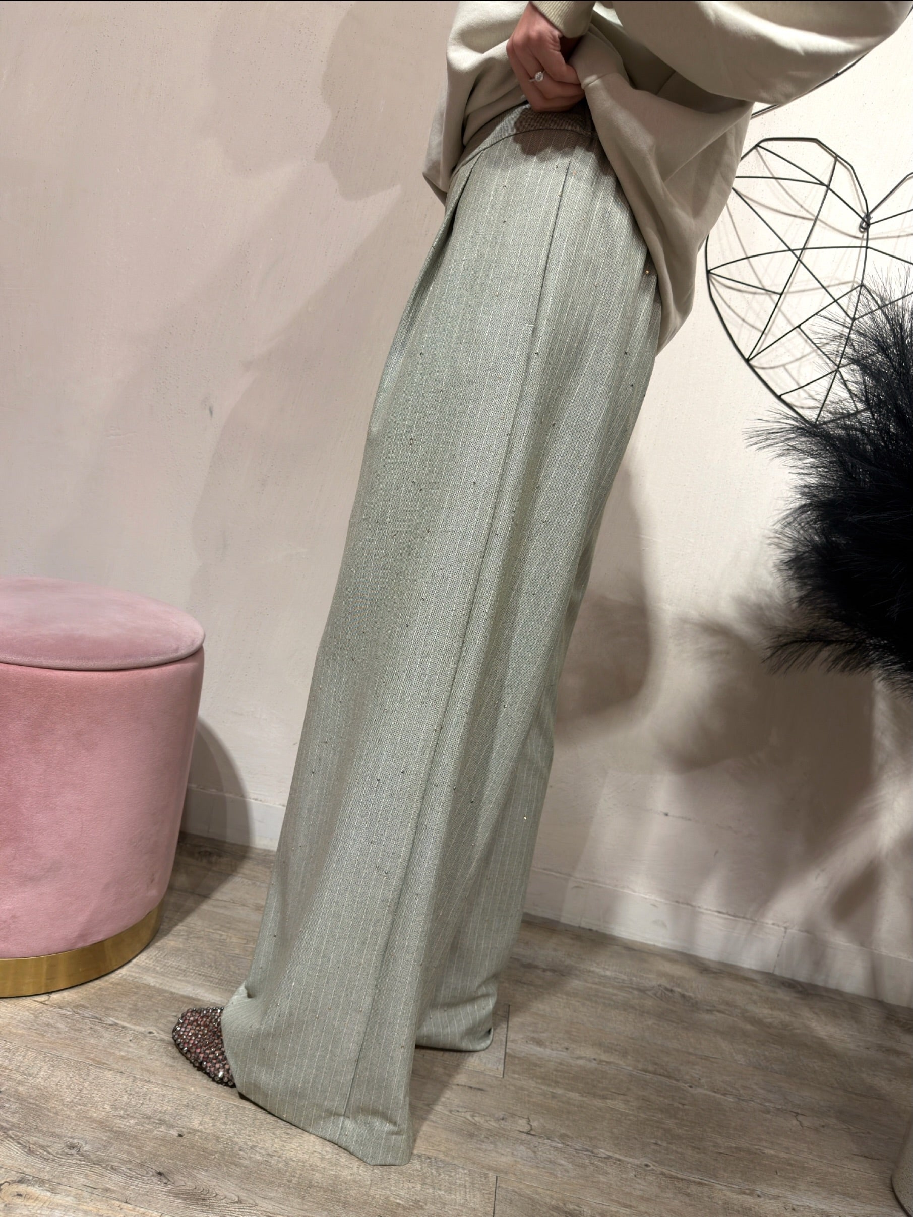 Pantalone Gessato con Micro Paillette Salvia Kontatto