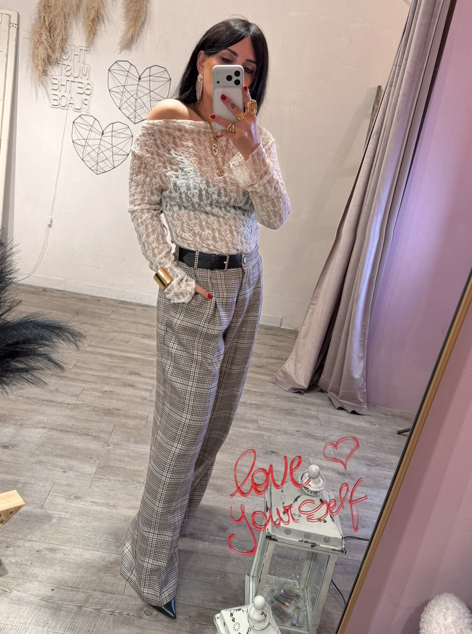 Pantalone Scacchi con Paillettes +Cinta Pelle