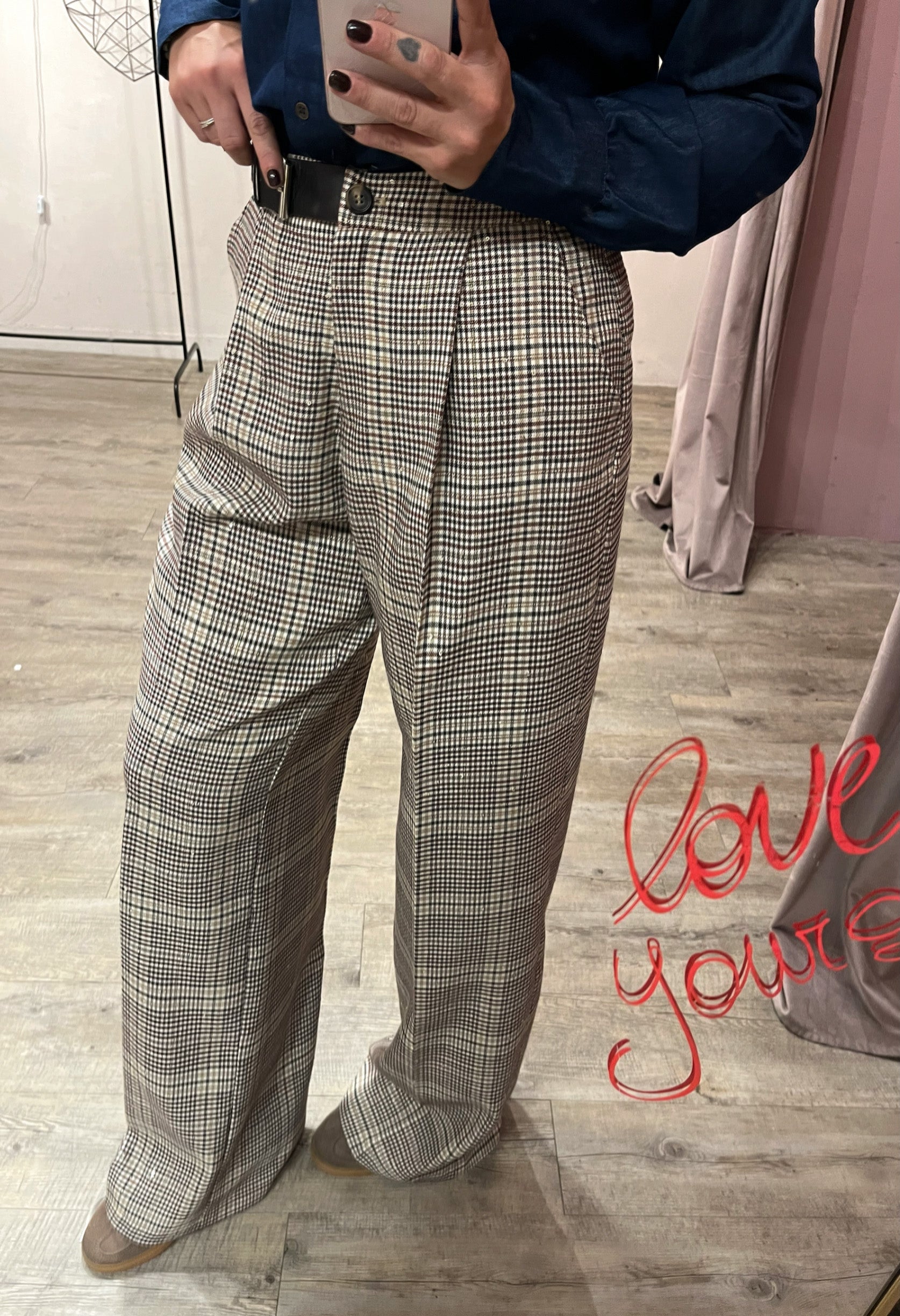 Pantalone Scacchi con Paillettes +Cinta Pelle