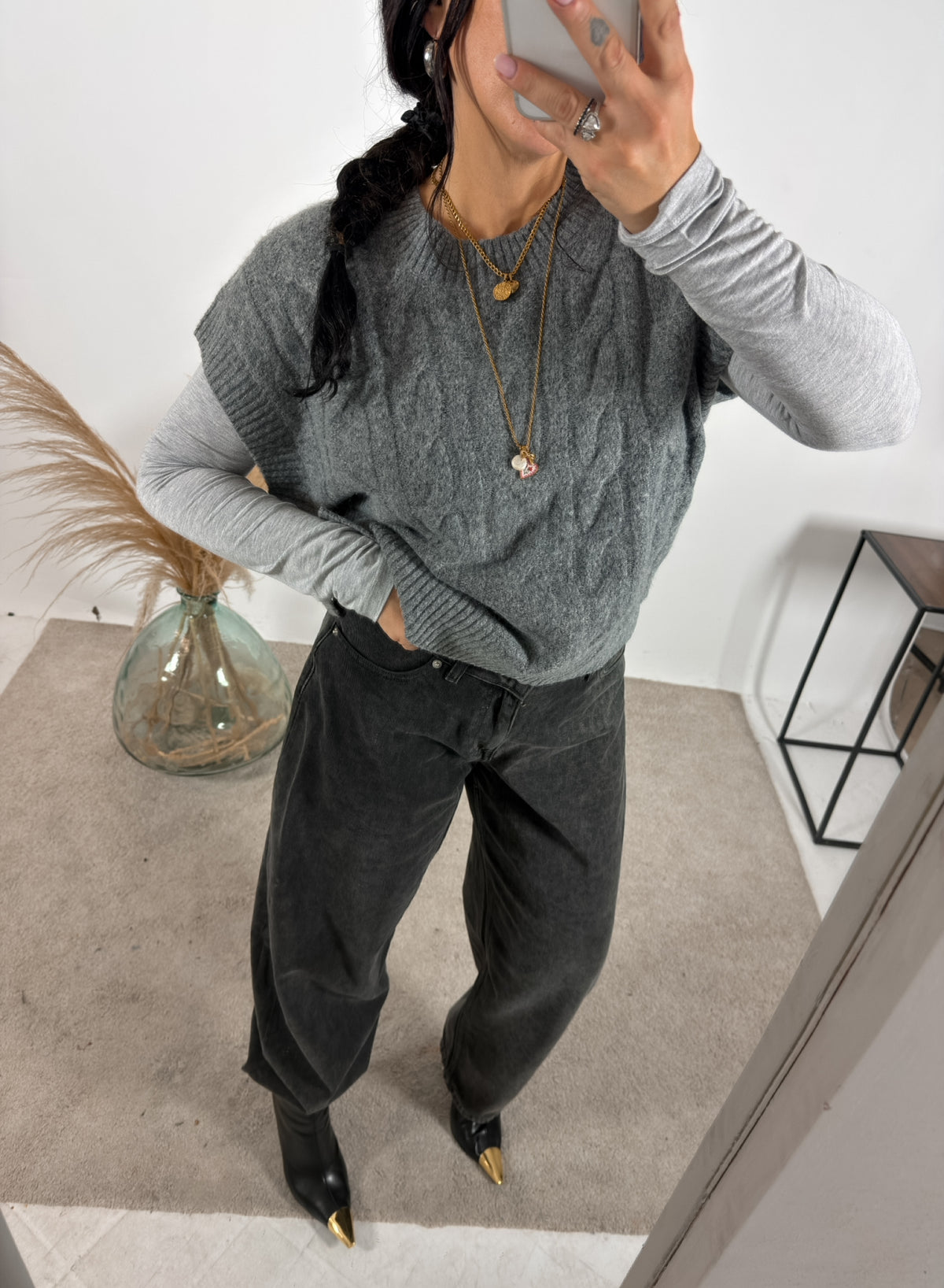 Maxi Gilet Treccia Grigio Mélange Glamorous