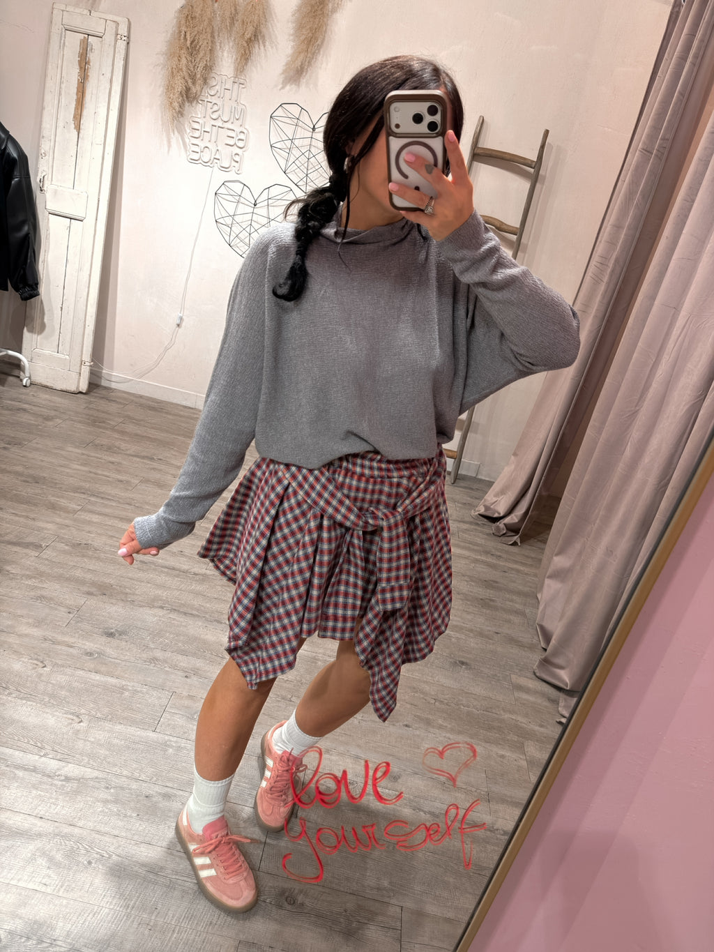 Gonna Nodo Camicia Check Grigio/Rosso/Blu
