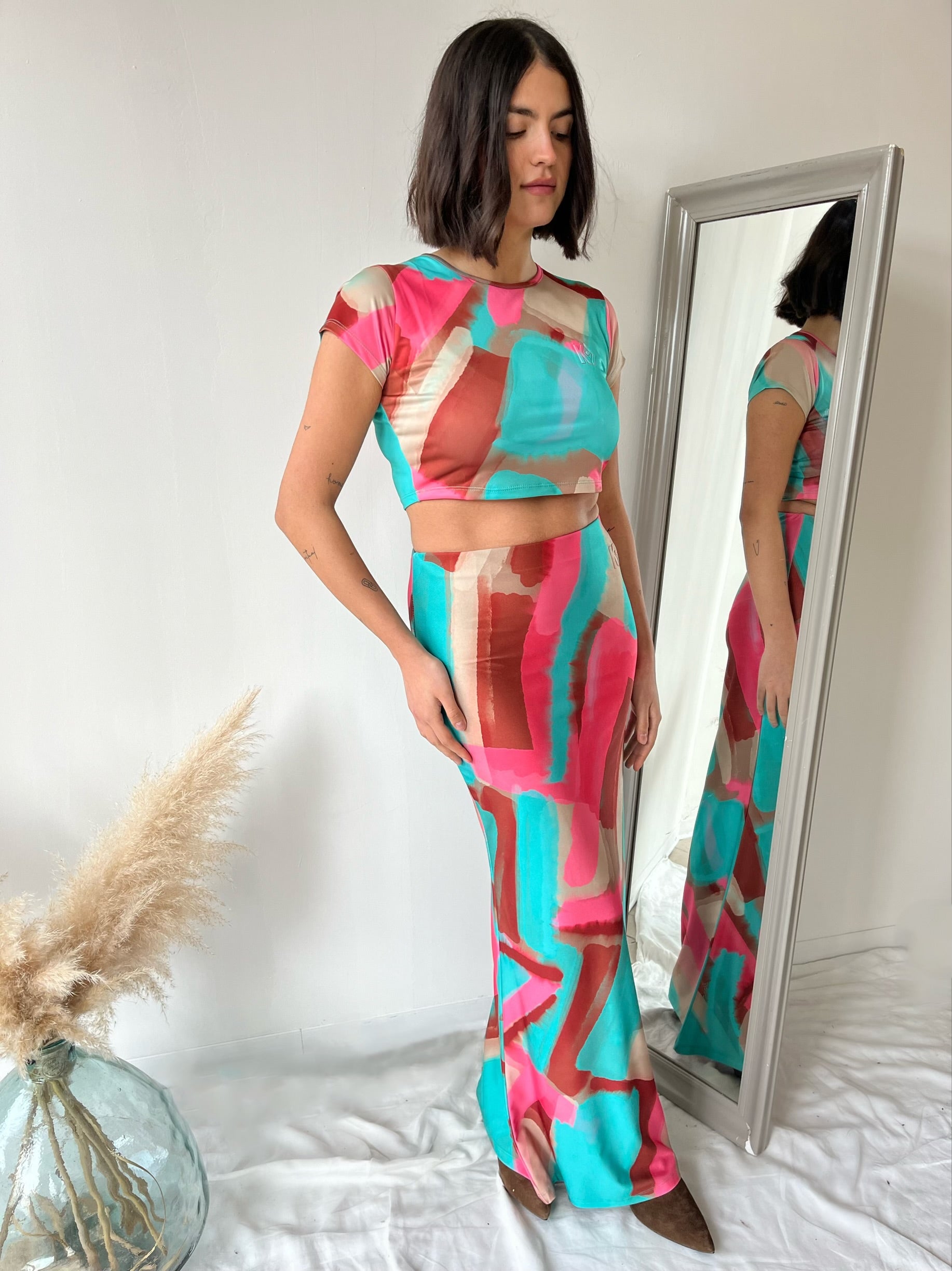 T-shirt Crop Spandex Tie Dye Kostumn1 Turchese