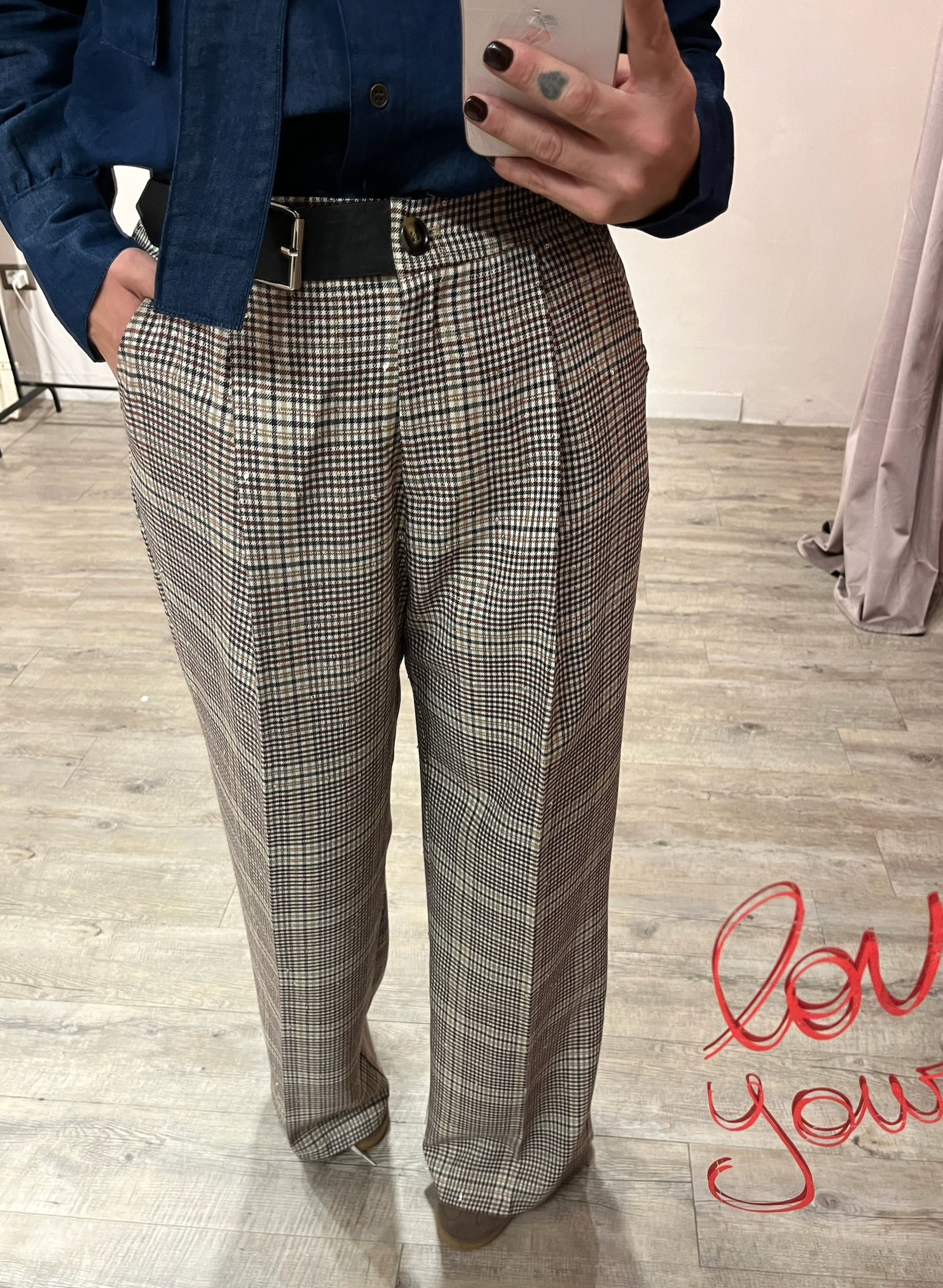 Pantalone Scacchi con Paillettes +Cinta Pelle