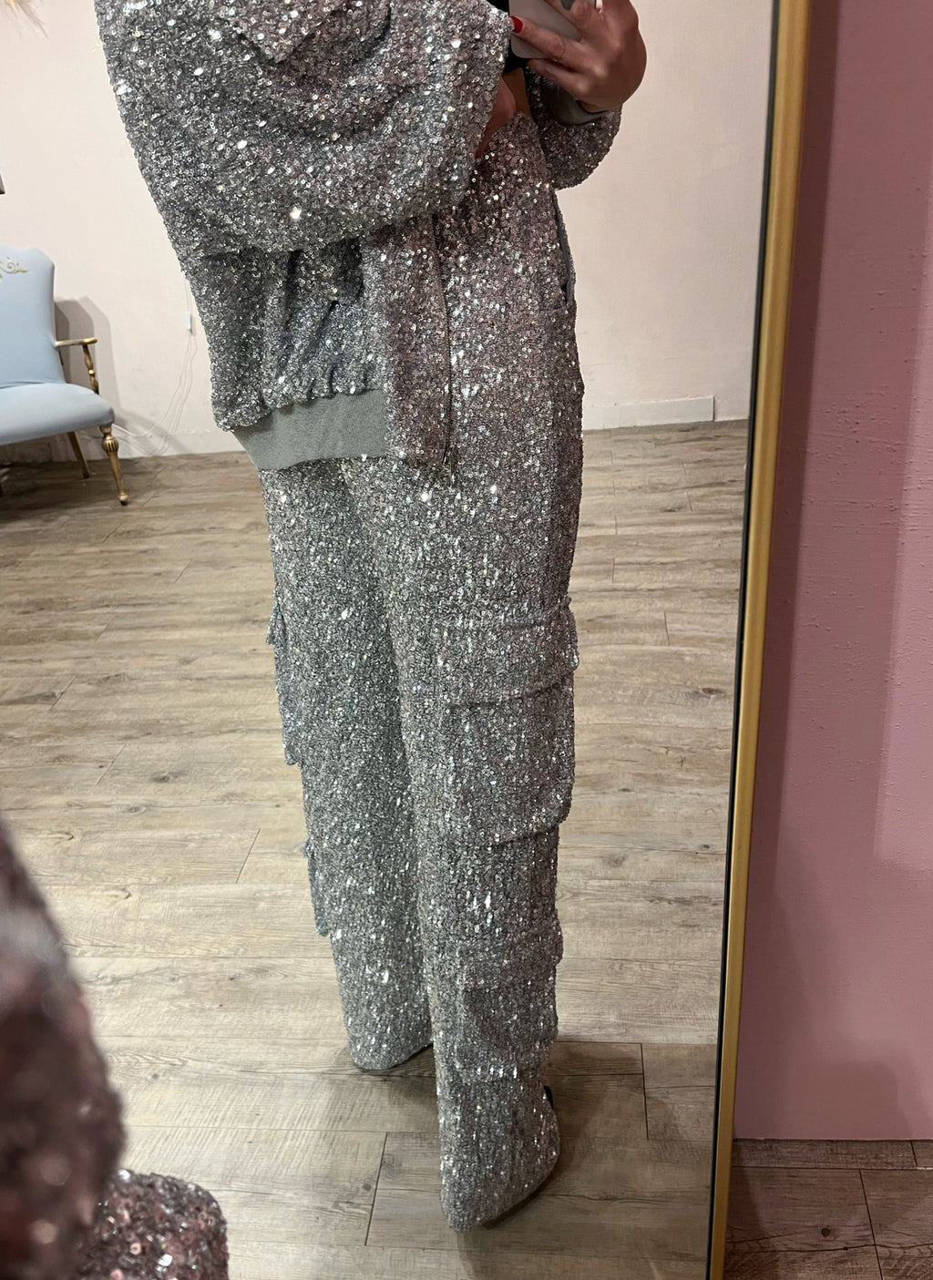 Pantalone Cargo Paillettes Argento