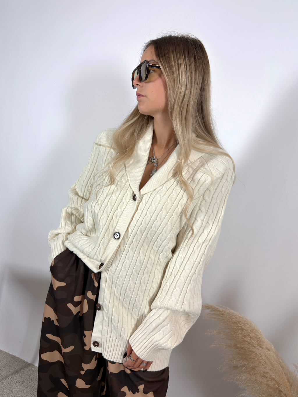 Maxi Cardigan Trecce Collo Sciallato Burro Glamorous