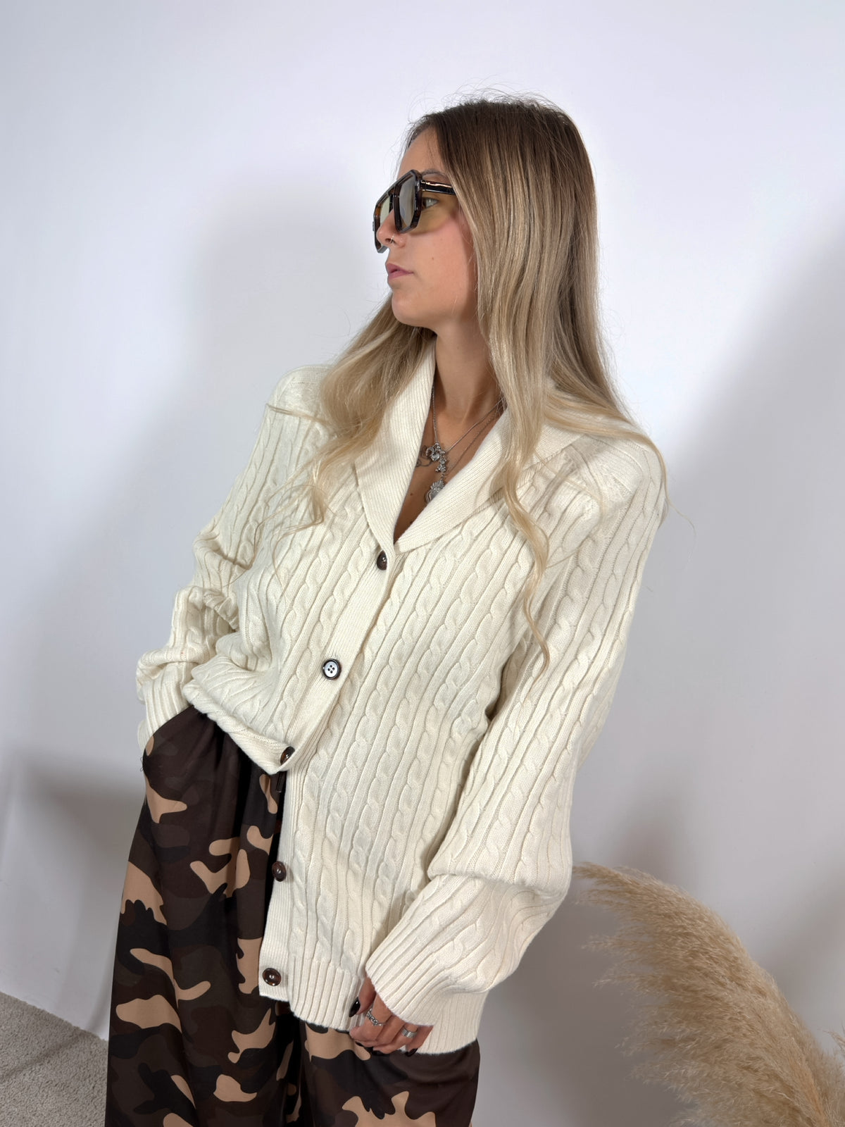 Maxi Cardigan Trecce Collo Sciallato Burro Glamorous