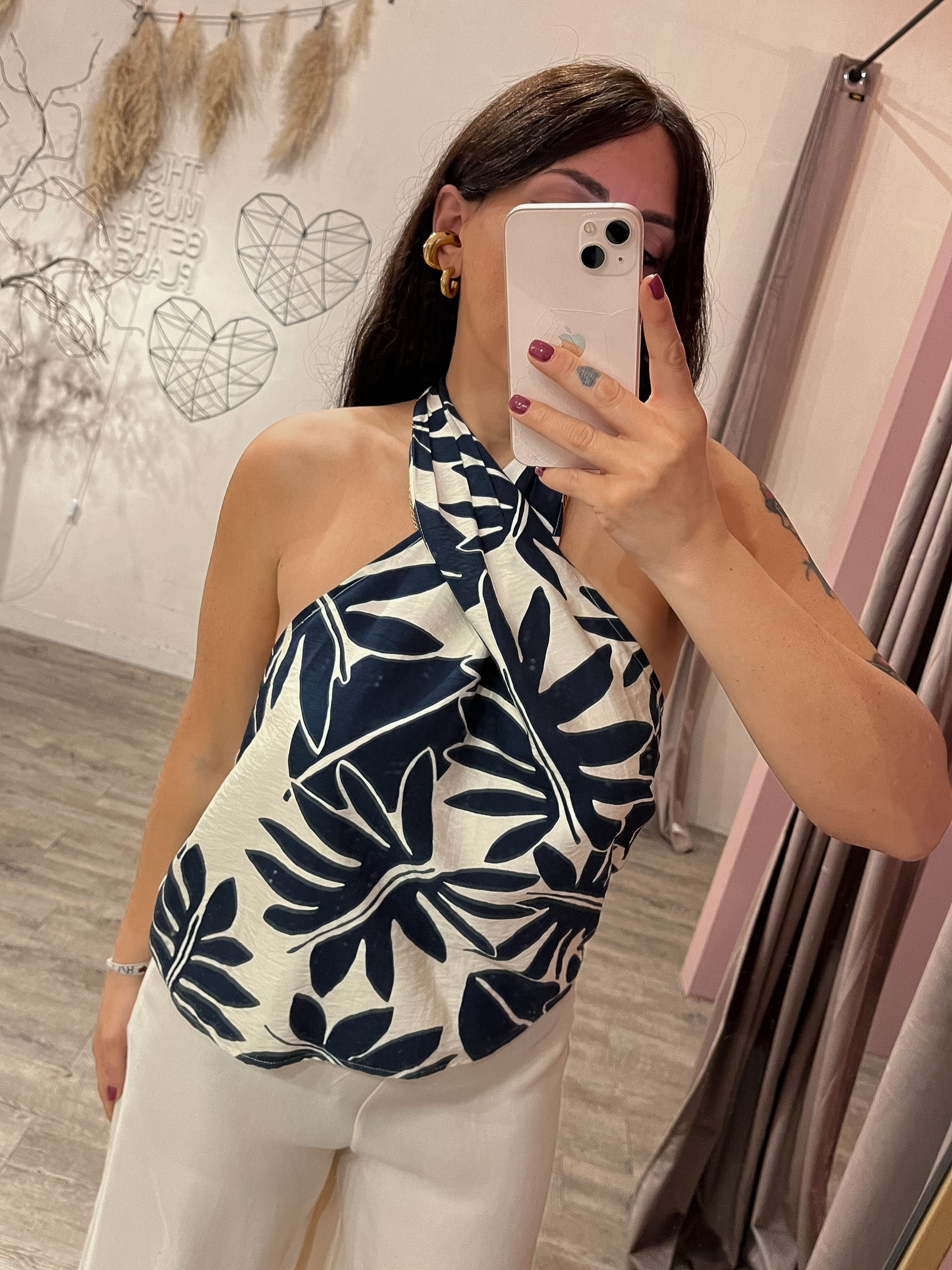 Top Foglie Schiena Nuda Blu/Burro