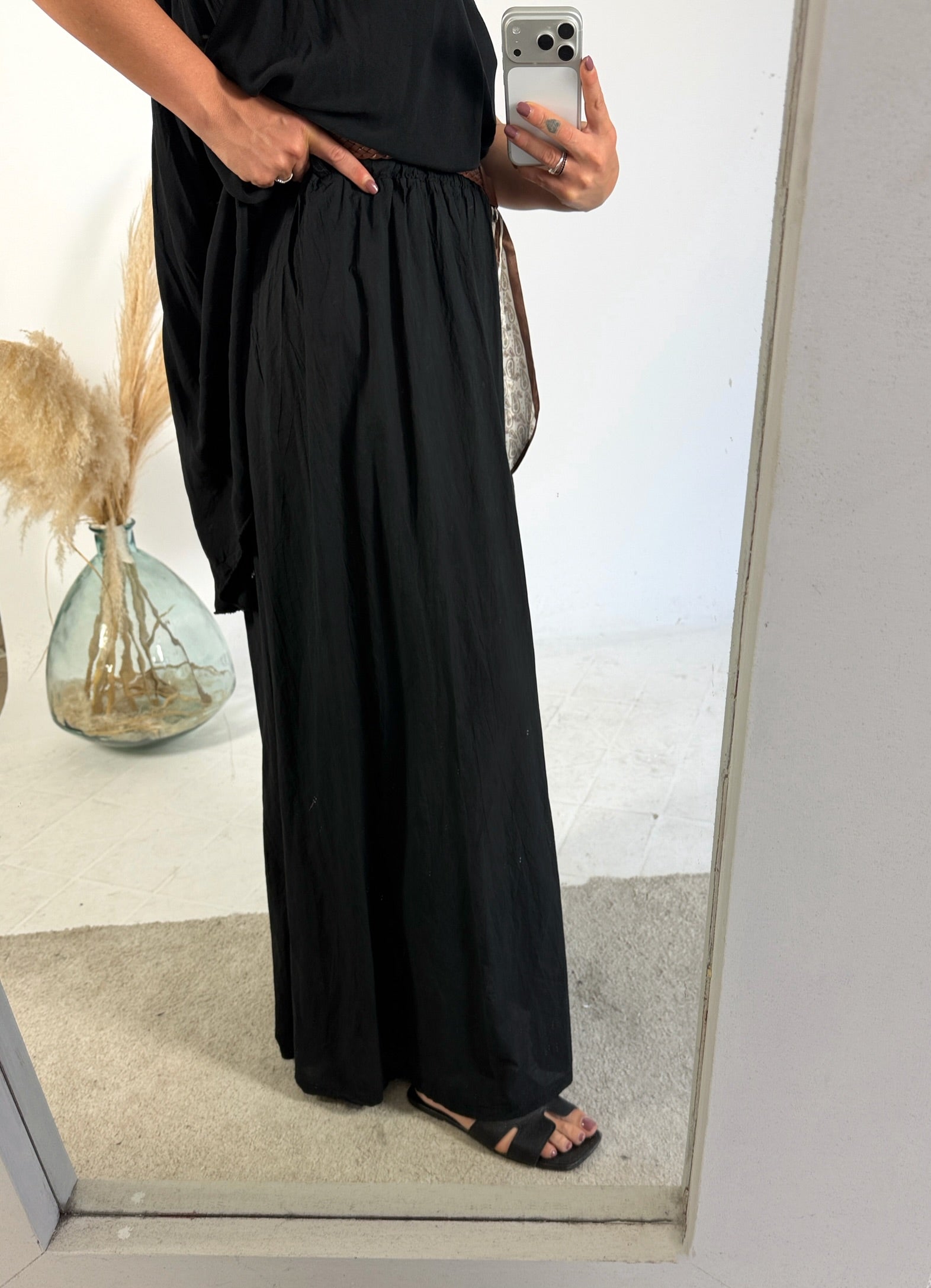 Pantalone Palazzo Mussola Nero Cinta Foulard