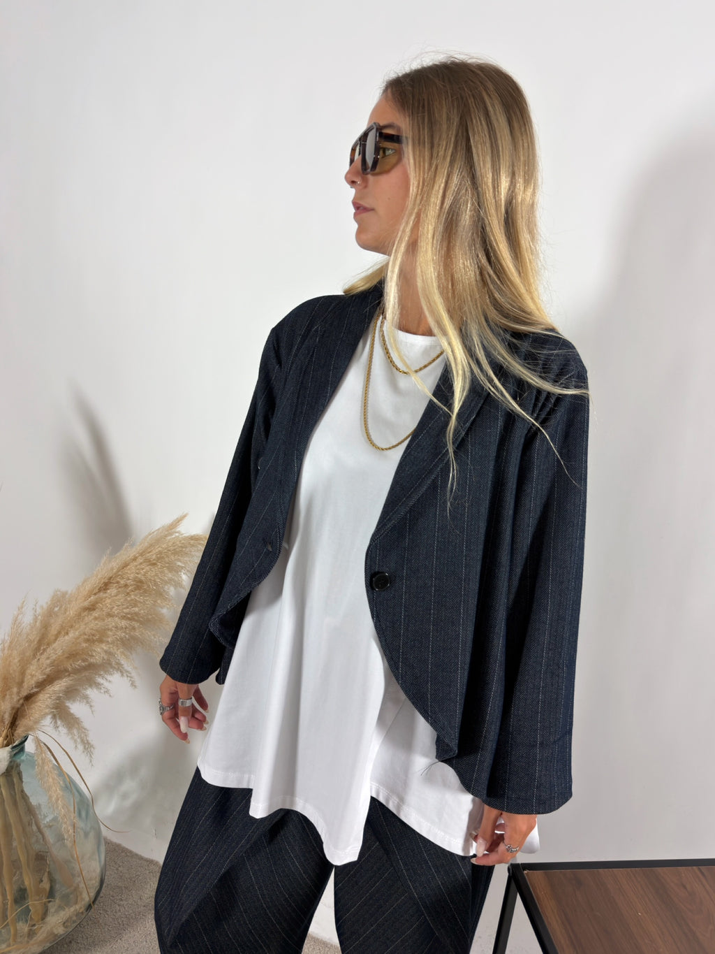 Giacca Denim Gessato Blu Scuro