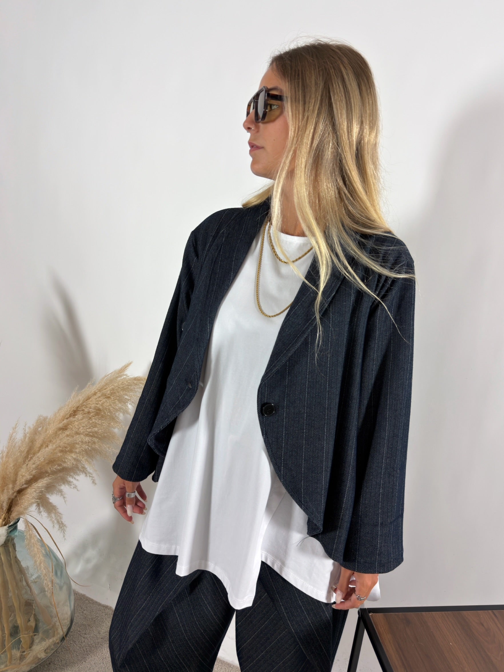 Giacca Denim Gessato Blu Scuro