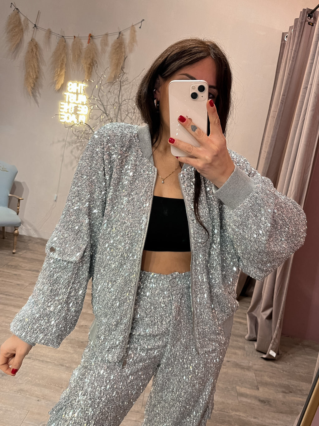 Giacca Bomber Paillettes Argento