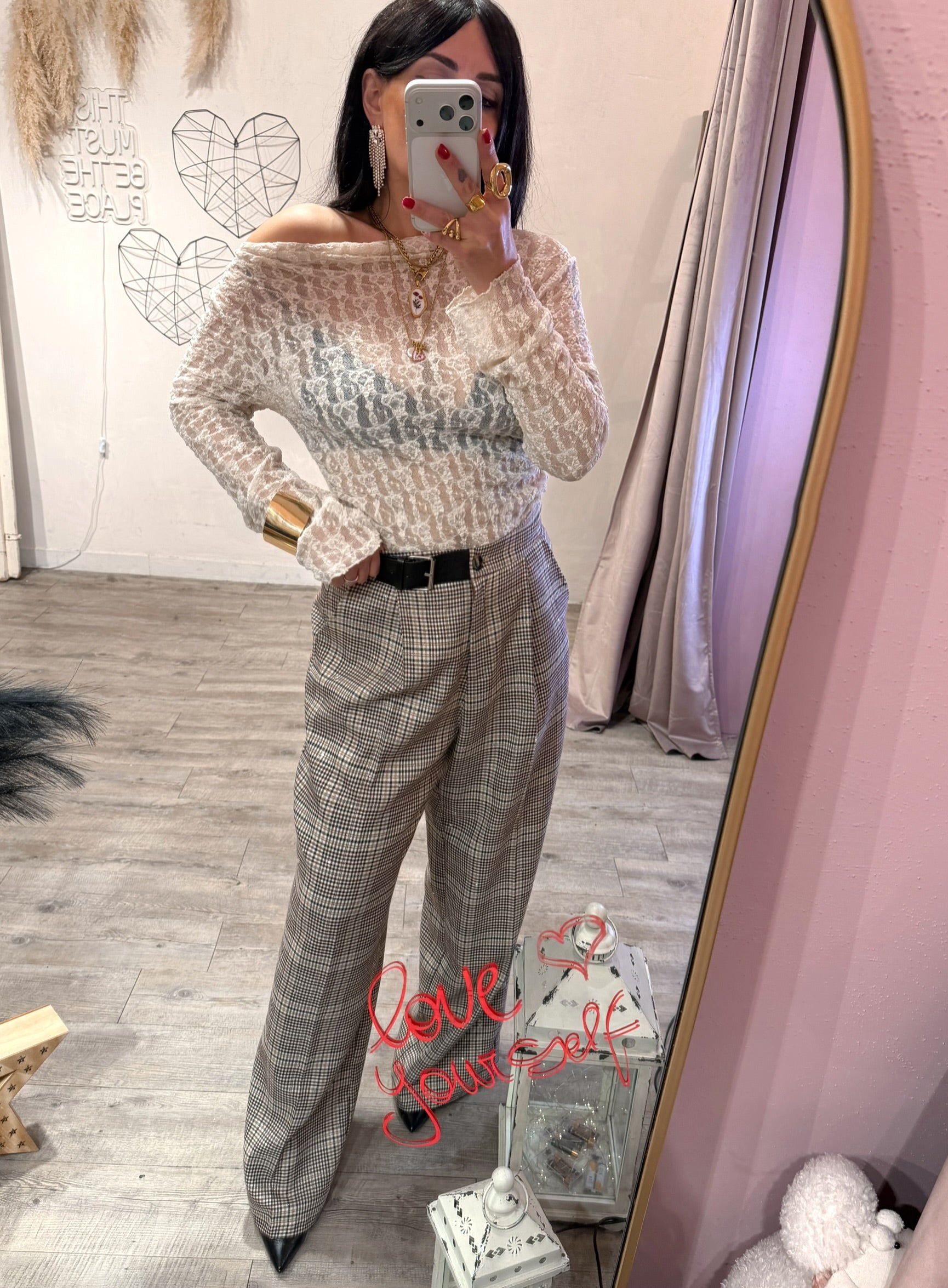 Pantalone Scacchi con Paillettes +Cinta Pelle