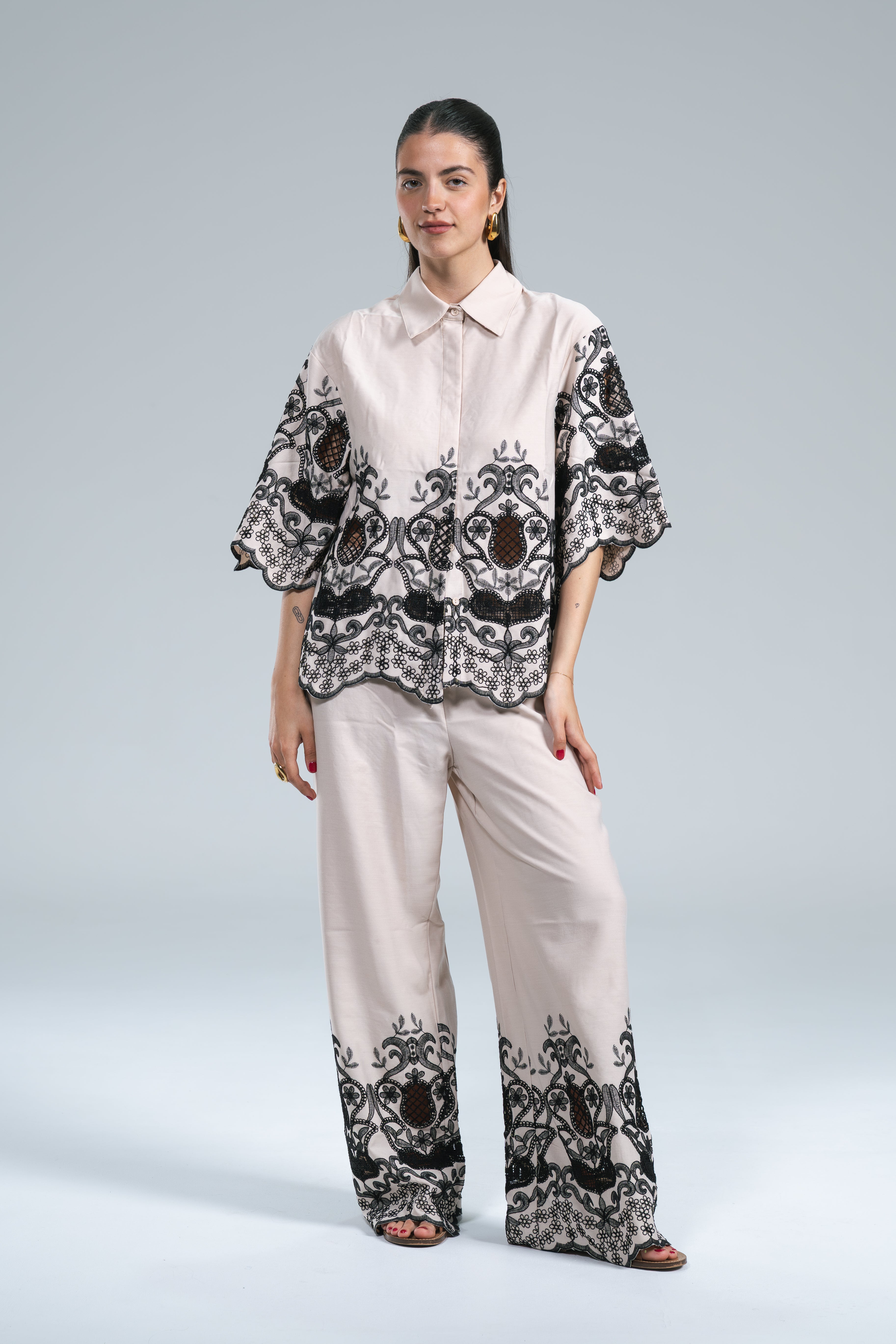 Maxi Camicia Viscosa Ricamo Nero Glamorous