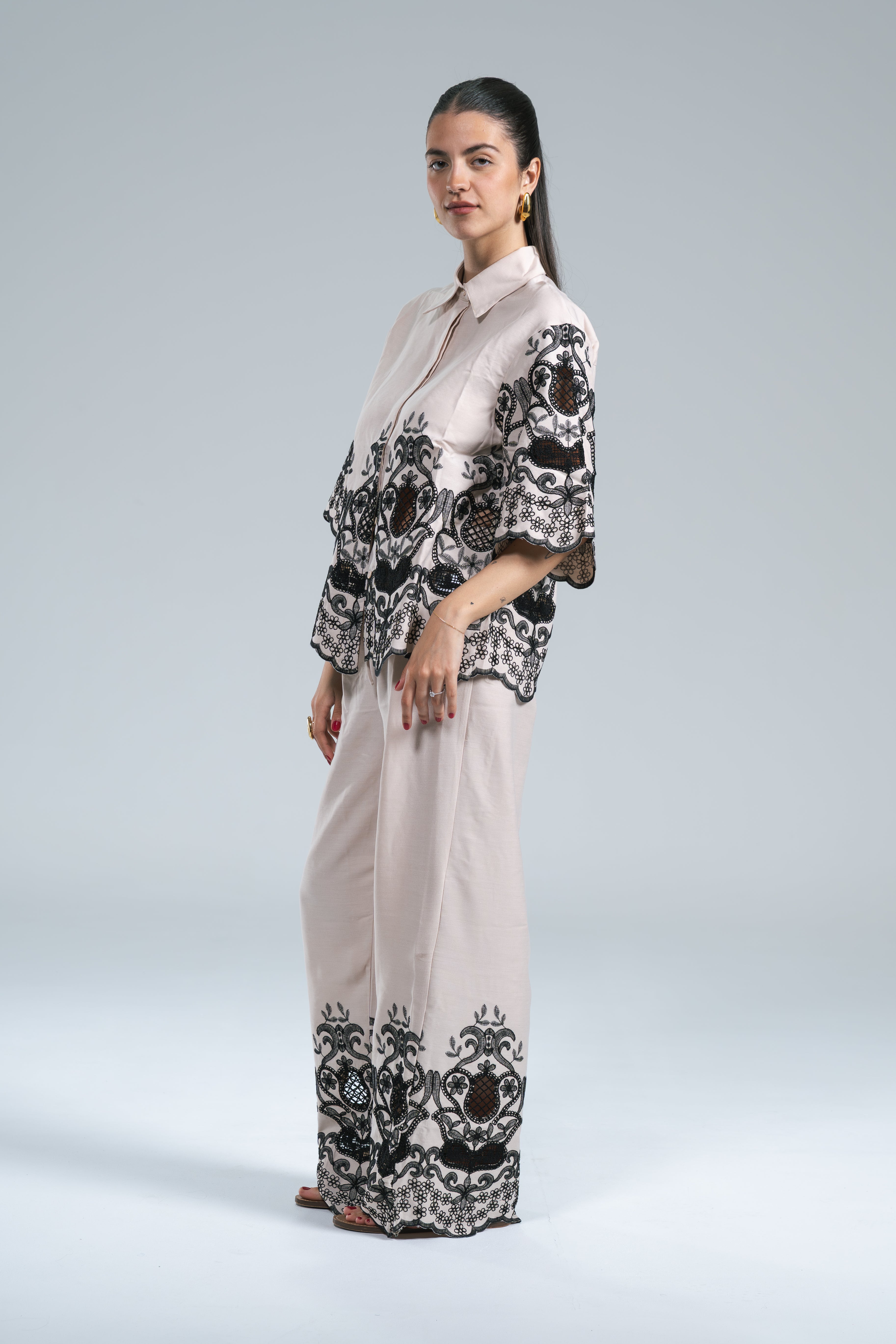 Maxi Camicia Viscosa Ricamo Nero Glamorous