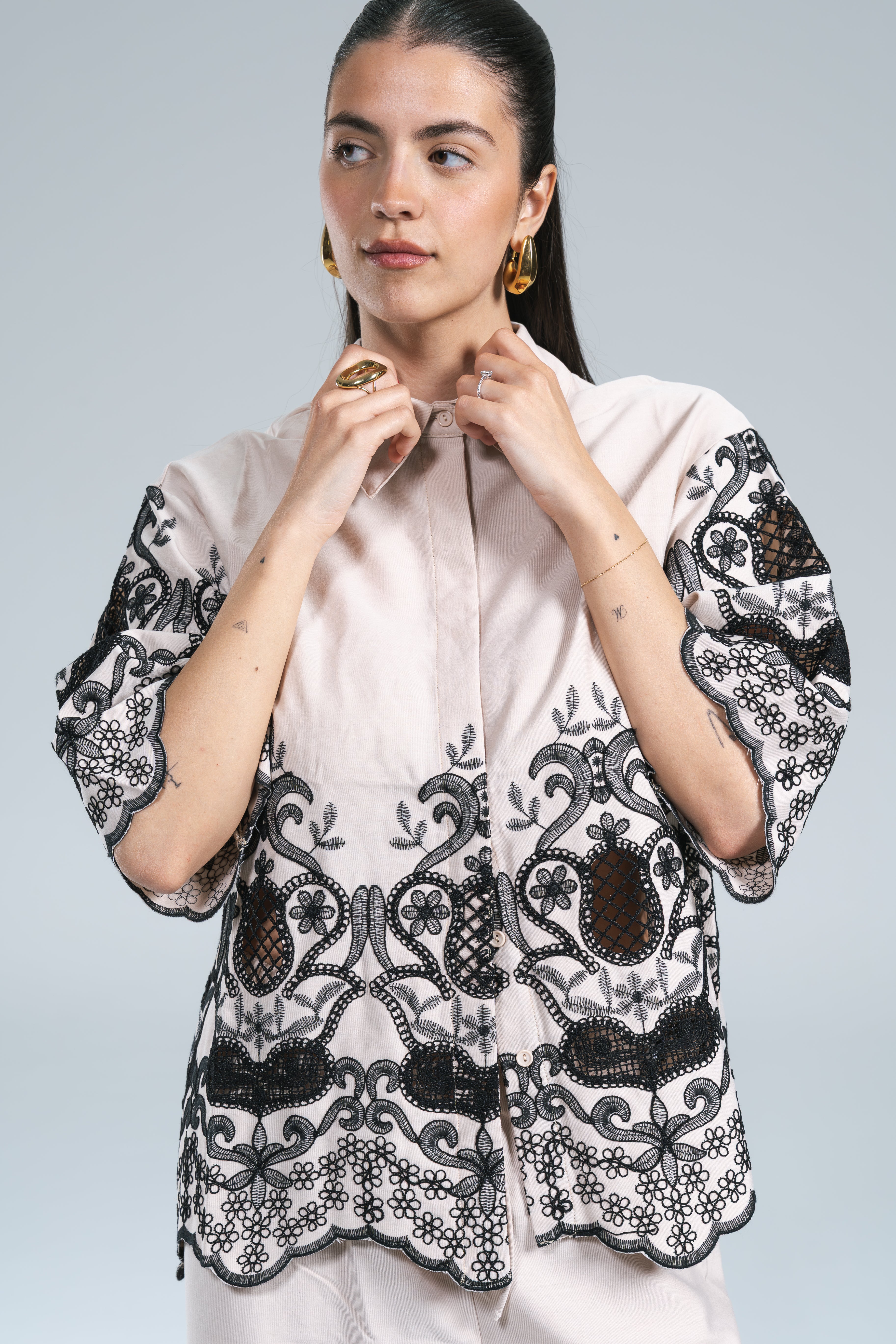 Maxi Camicia Viscosa Ricamo Nero Glamorous