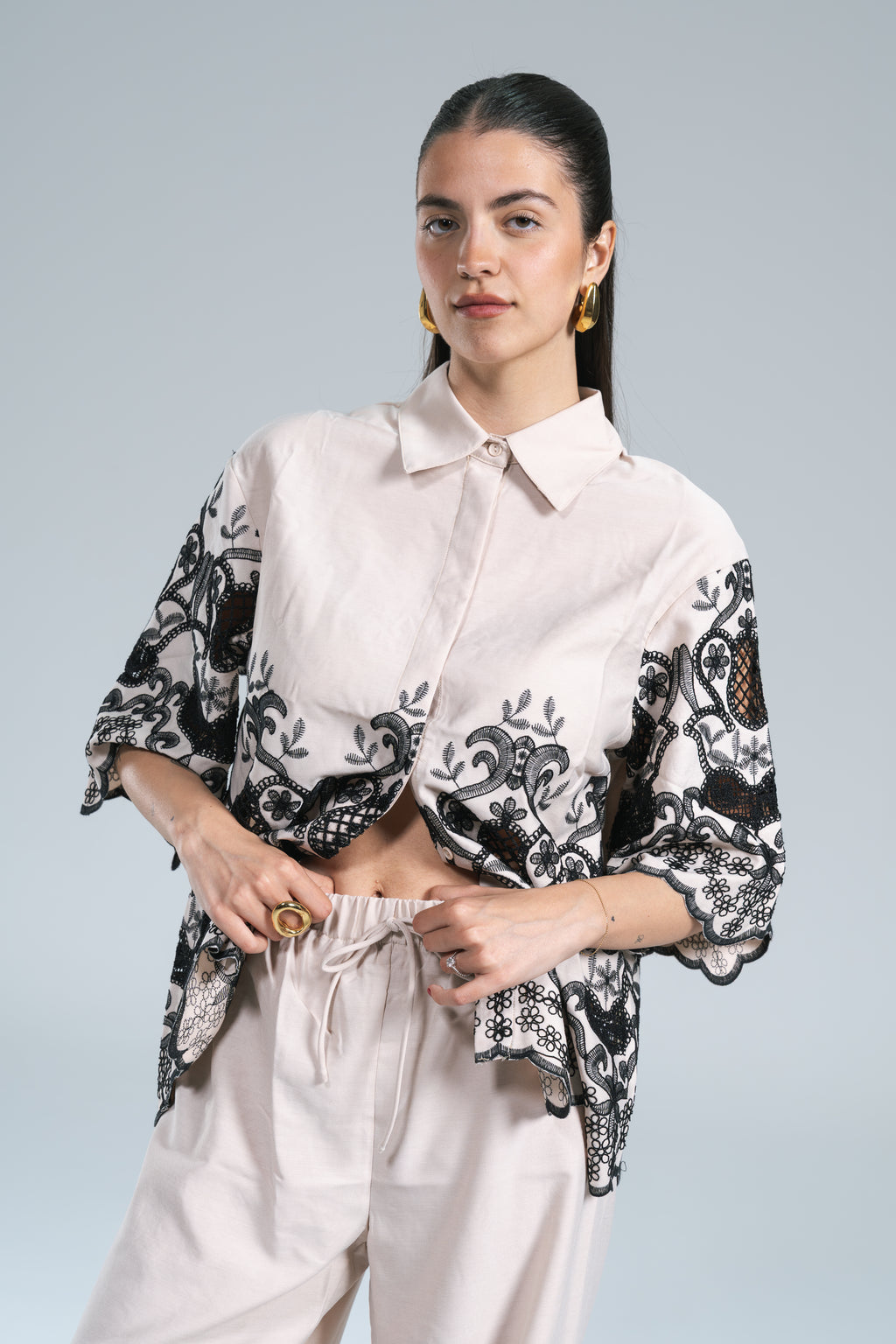 Maxi Camicia Viscosa Ricamo Nero Glamorous
