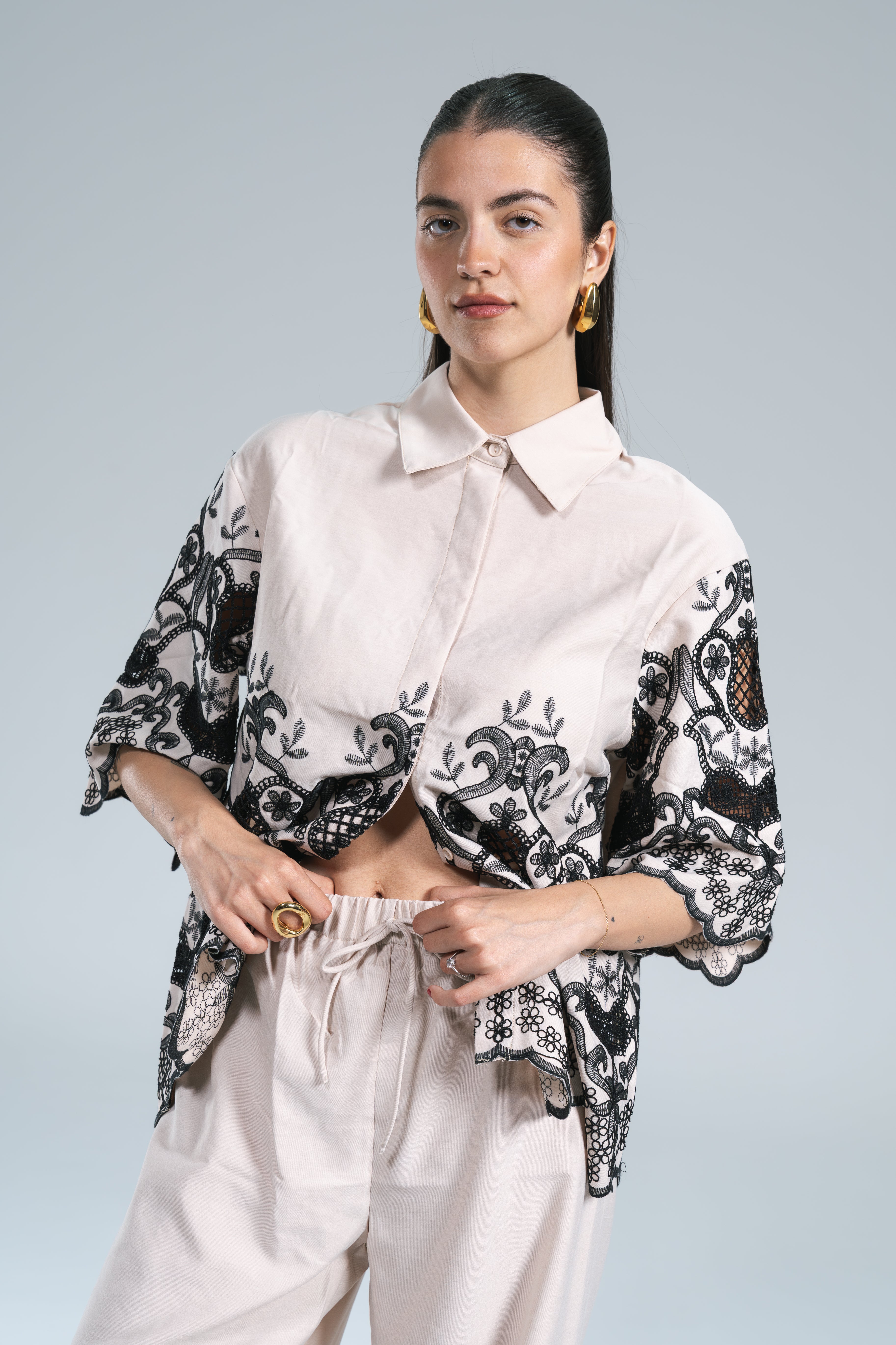 Maxi Camicia Viscosa Ricamo Nero Glamorous