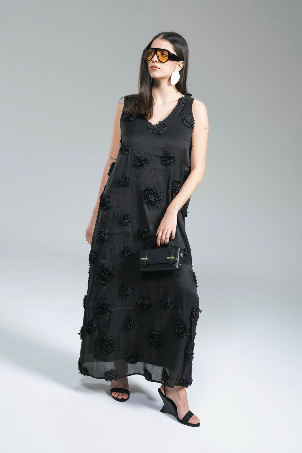 Maxi Abito Fiori Organza Nero