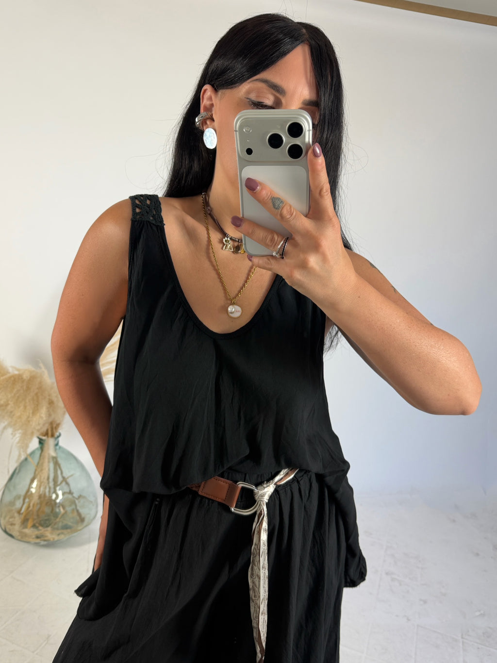 Maxi Canotta Viscosa Crochet Nero
