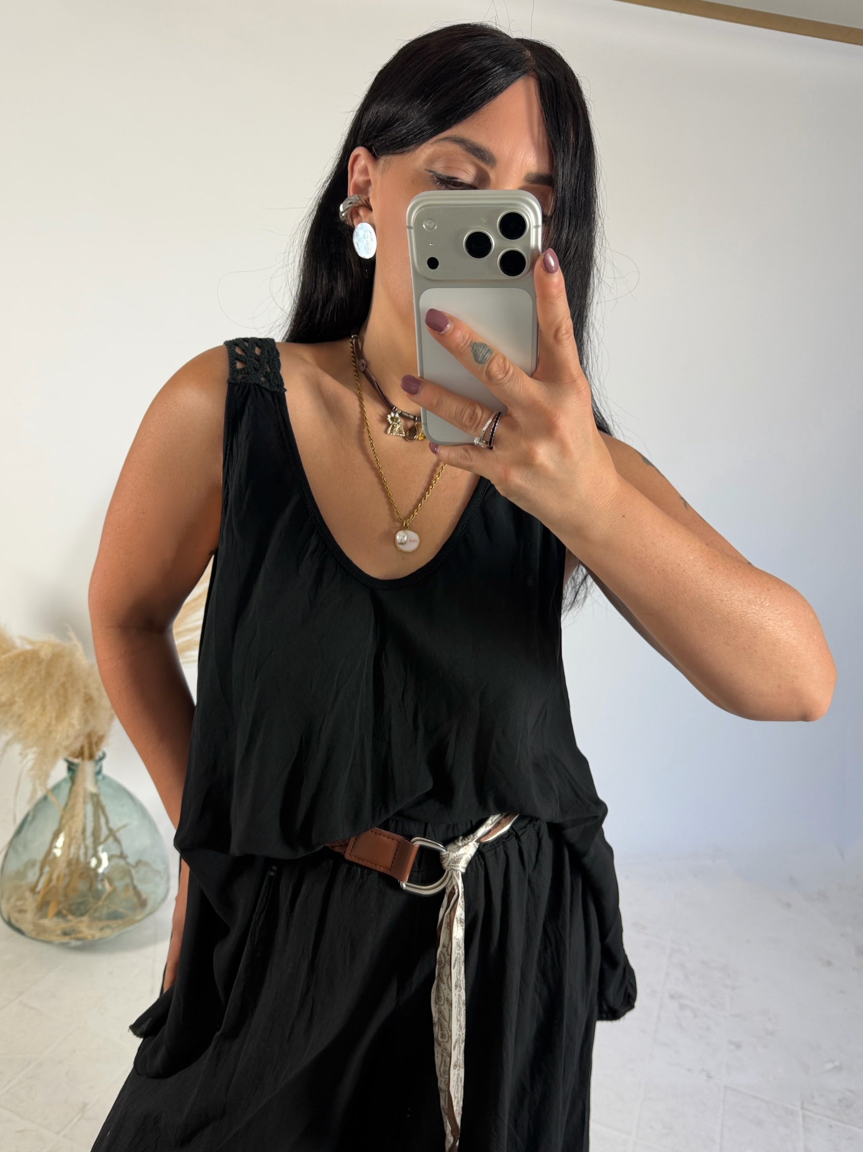 Maxi Canotta Viscosa Crochet Nero