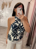 Top Foglie Schiena Nuda Blu/Burro
