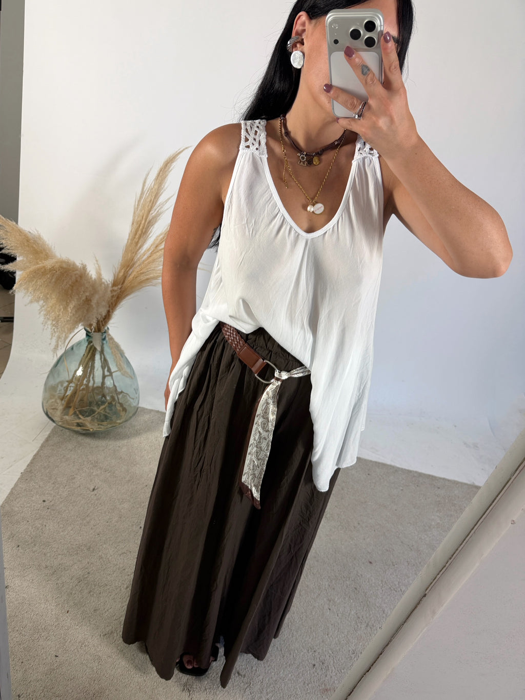 Maxi Canotta Viscosa Crochet Bianco