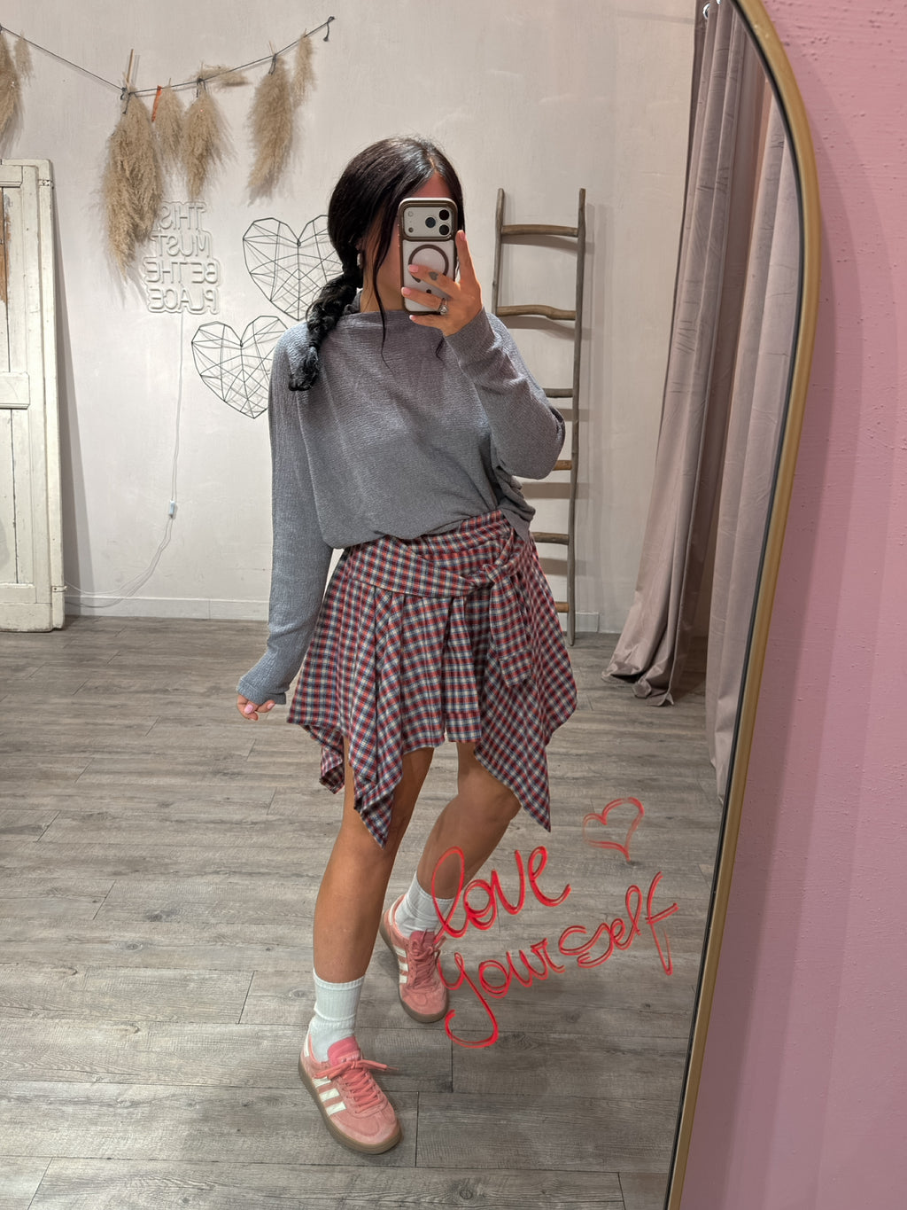 Gonna Nodo Camicia Check Grigio/Rosso/Blu