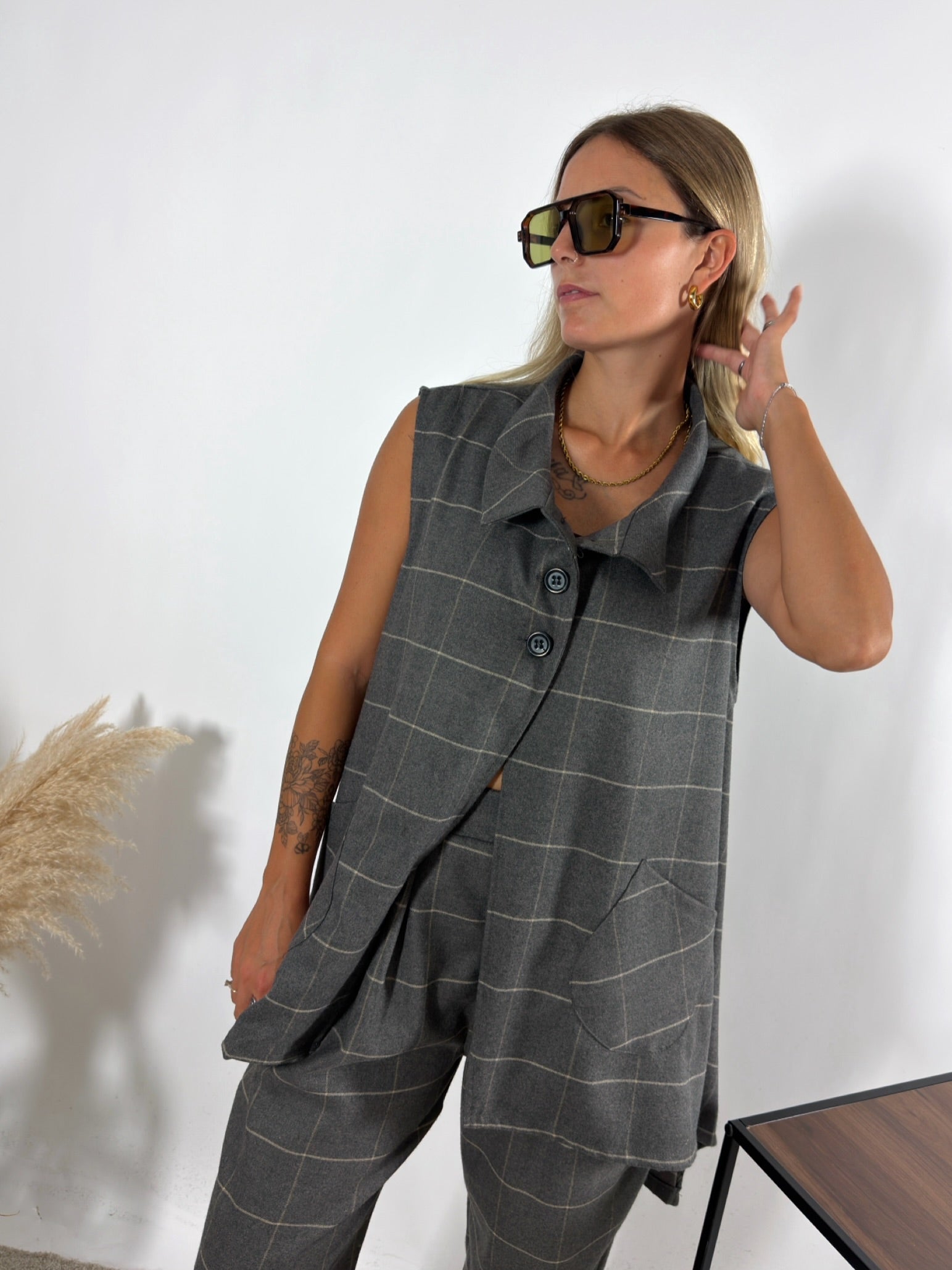 Maxi Gilet Check Grigio Miranda
