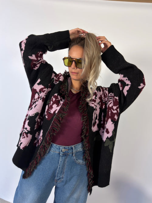 Cardigan Rose Jacquard Frange Ribes/Militare/Nero Kontatto
