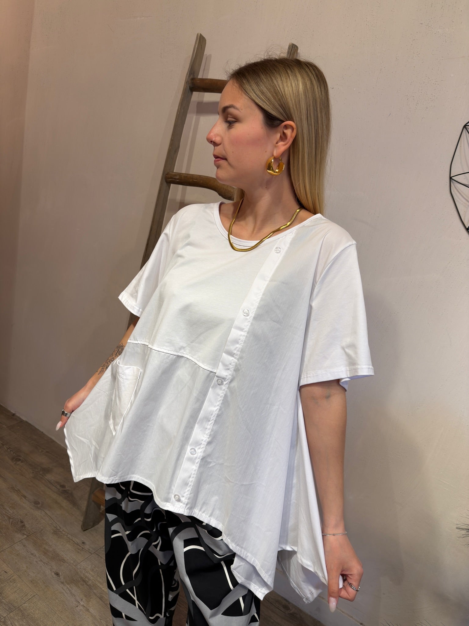 T-shirt Miranda Combinata Bottoni Bianco