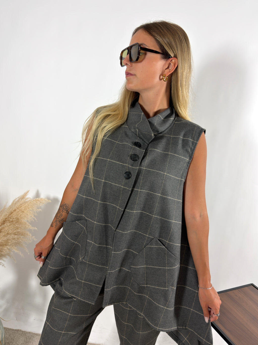 Maxi Gilet Check Grigio Miranda
