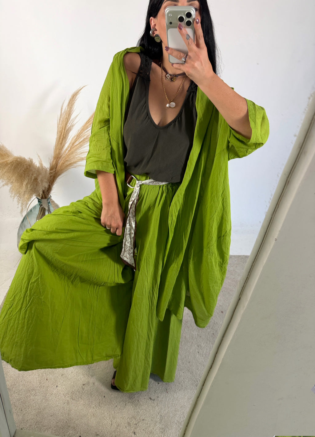 Pantalone Palazzo Mussola Verde Cinta Foulard