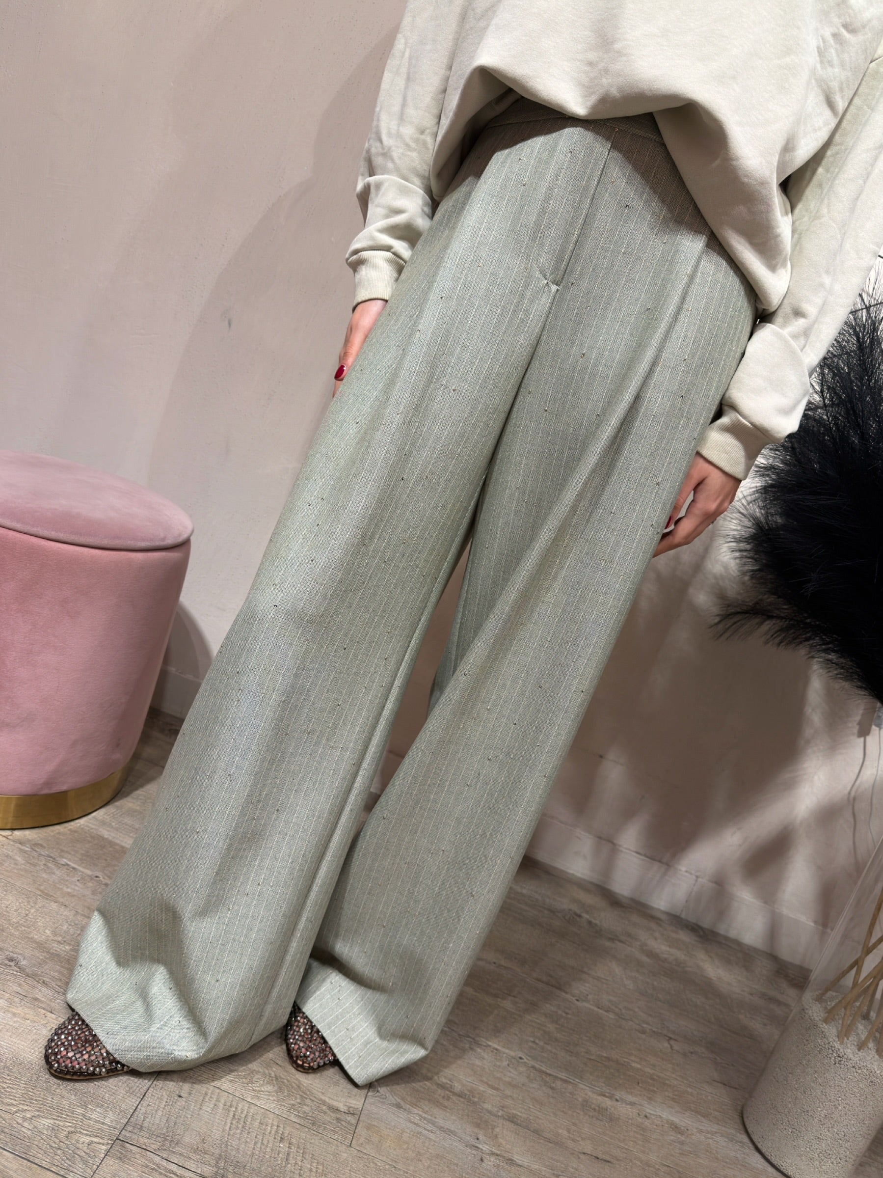 Pantalone Gessato con Micro Paillette Salvia Kontatto