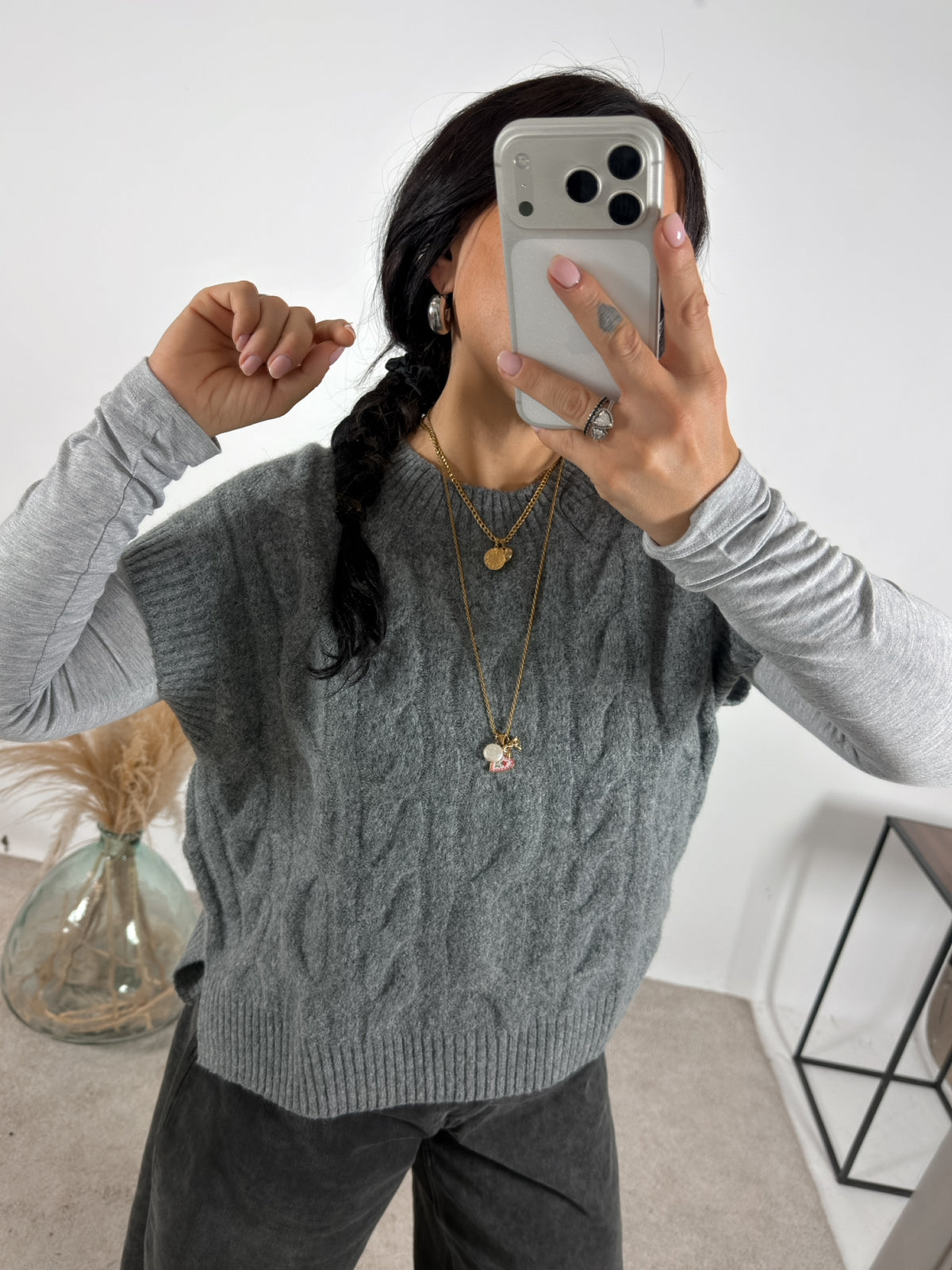 Maxi Gilet Treccia Grigio Mélange Glamorous