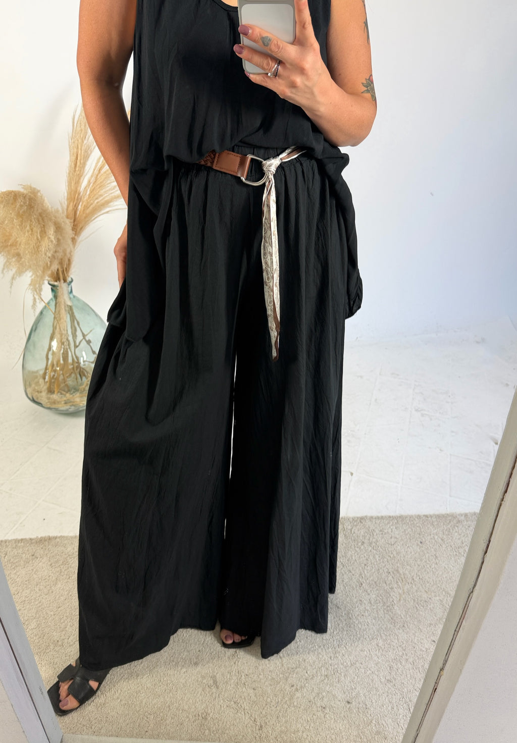 Pantalone Palazzo Mussola Nero Cinta Foulard