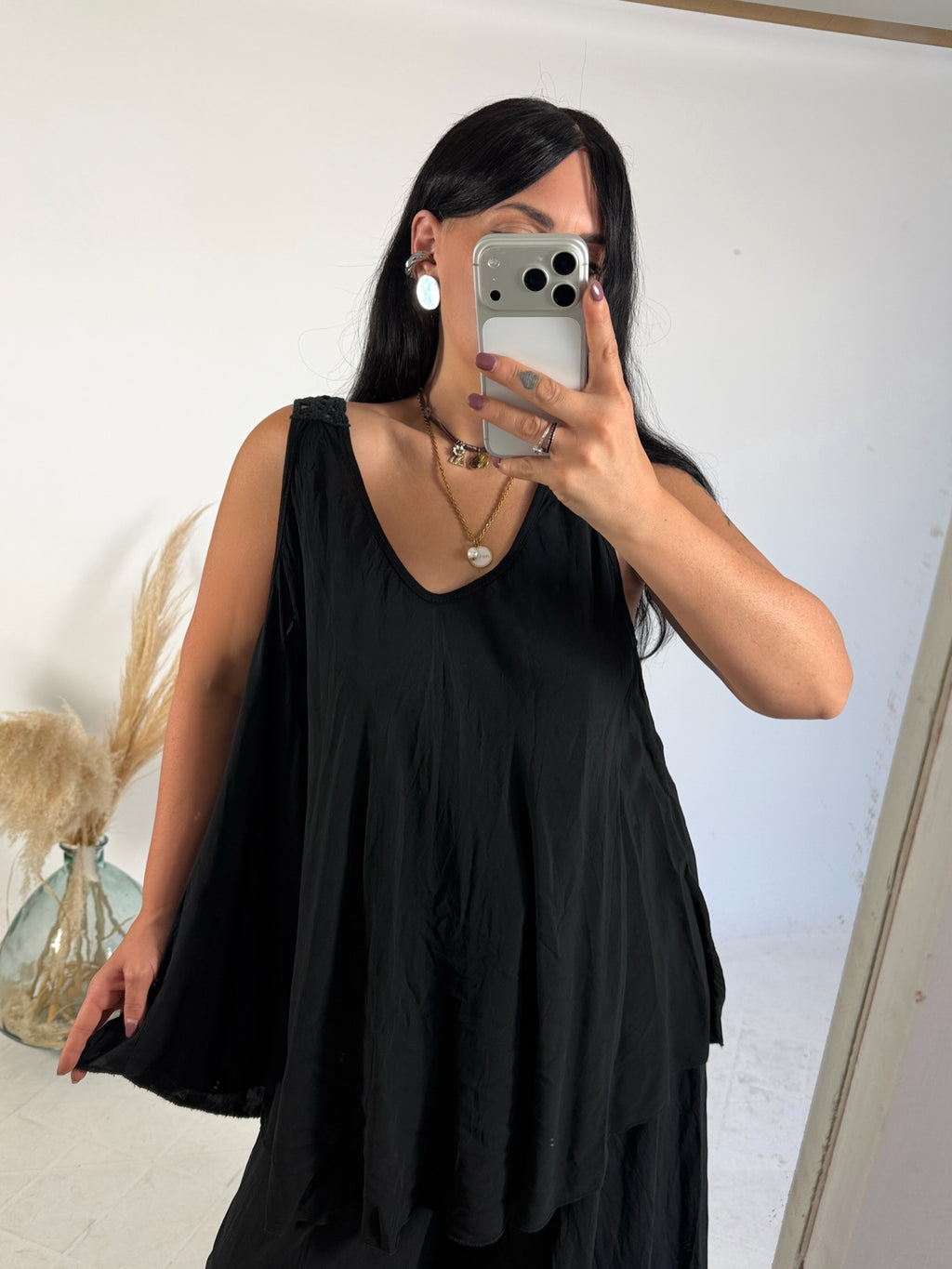 Maxi Canotta Viscosa Crochet Nero
