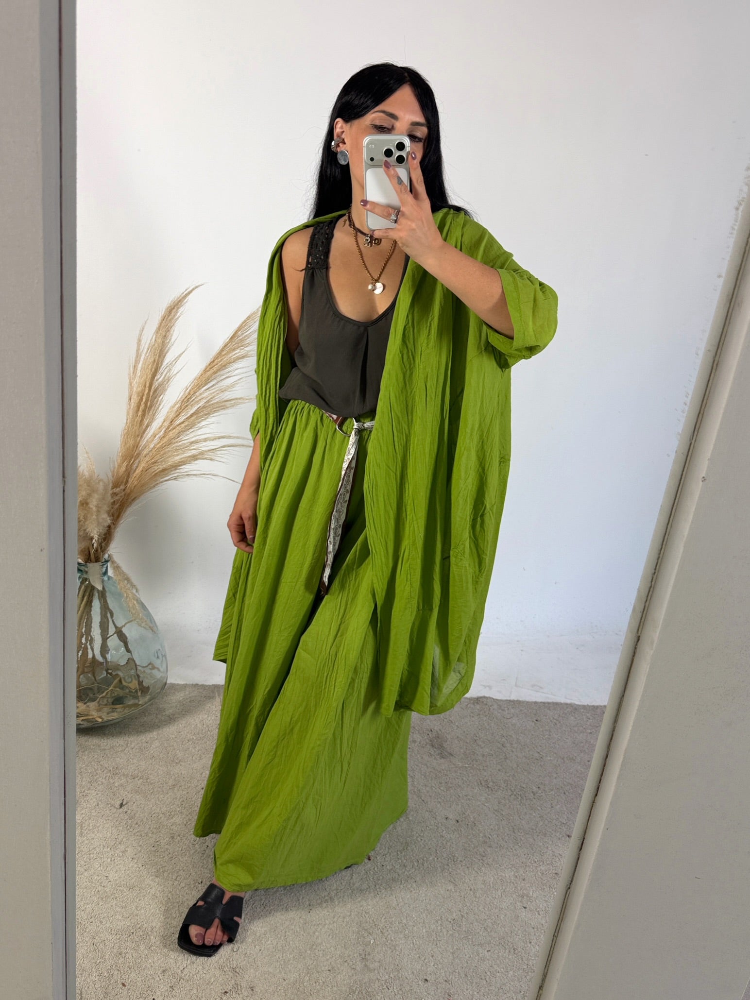 Pantalone Palazzo Mussola Verde Cinta Foulard