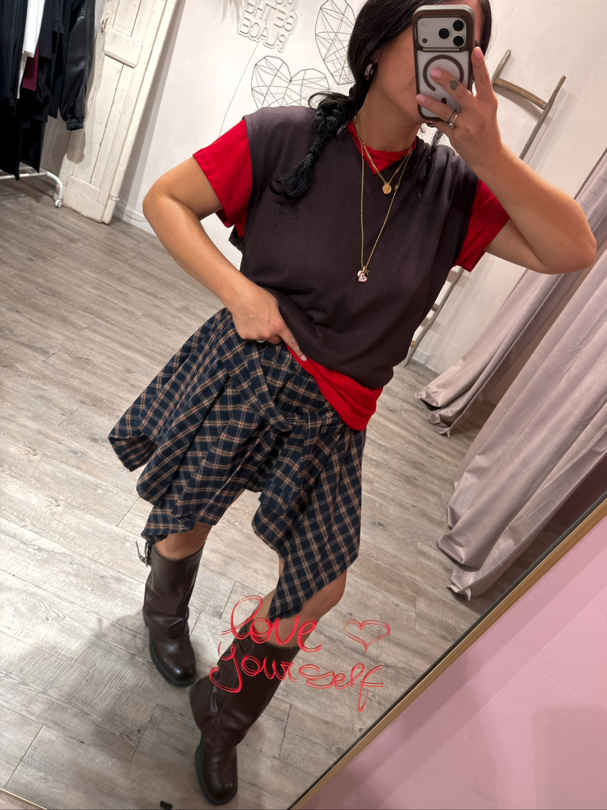 Gonna Nodo Camicia Check Blu/Rosso/Caffe