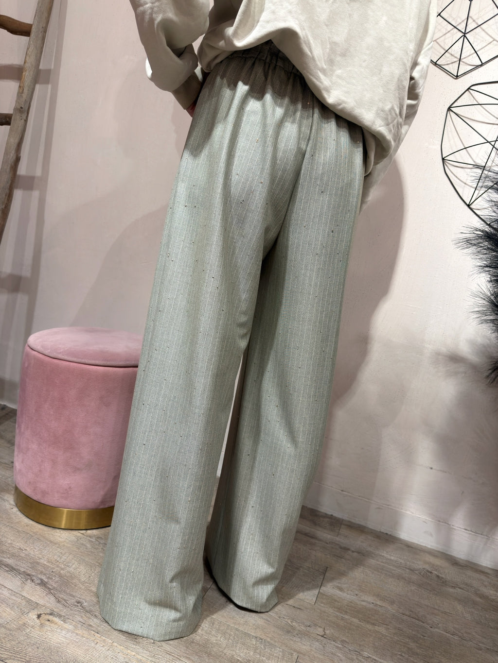 Pantalone Gessato con Micro Paillette Salvia Kontatto