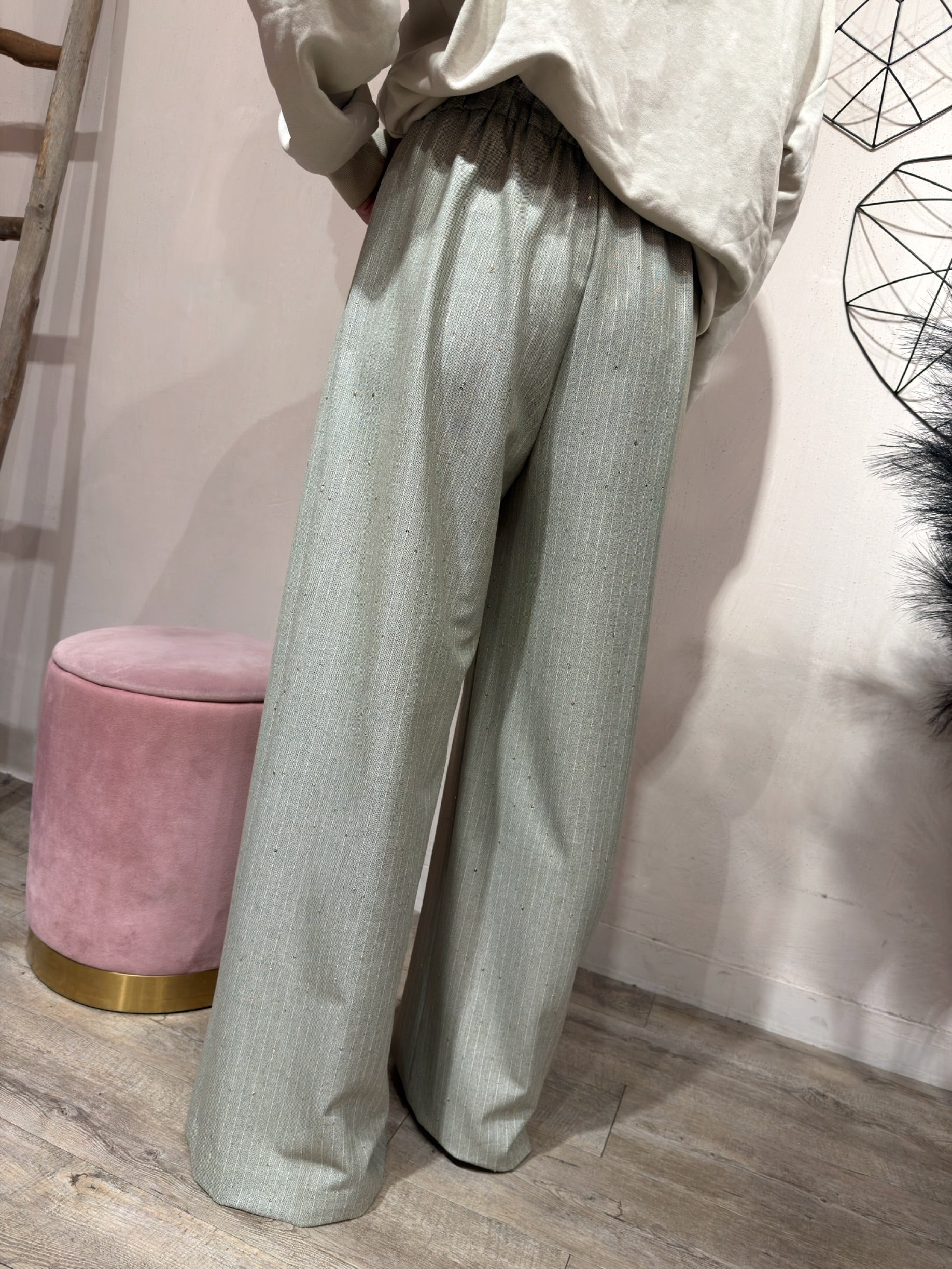 Pantalone Gessato con Micro Paillette Salvia Kontatto