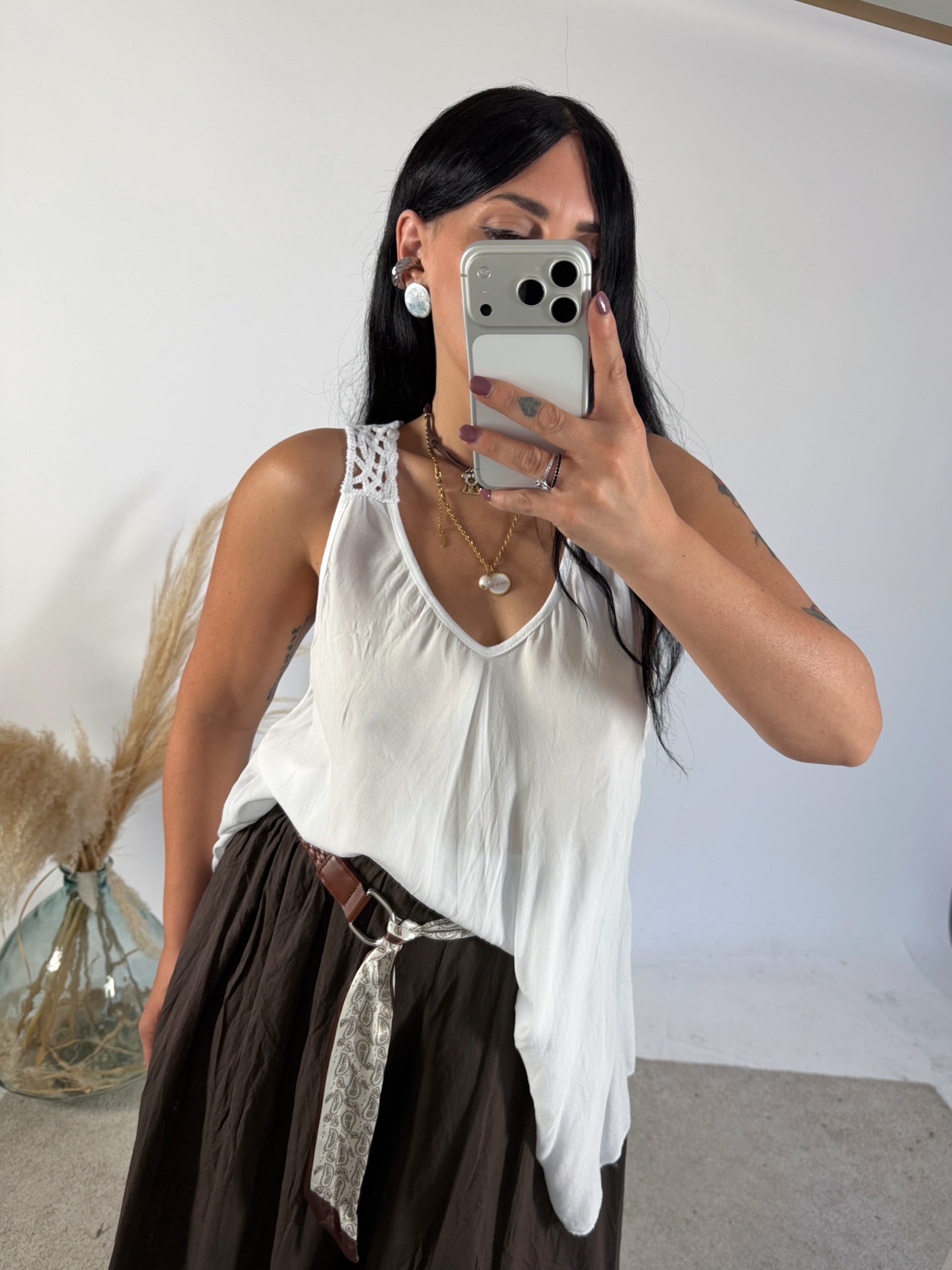 Maxi Canotta Viscosa Crochet Bianco