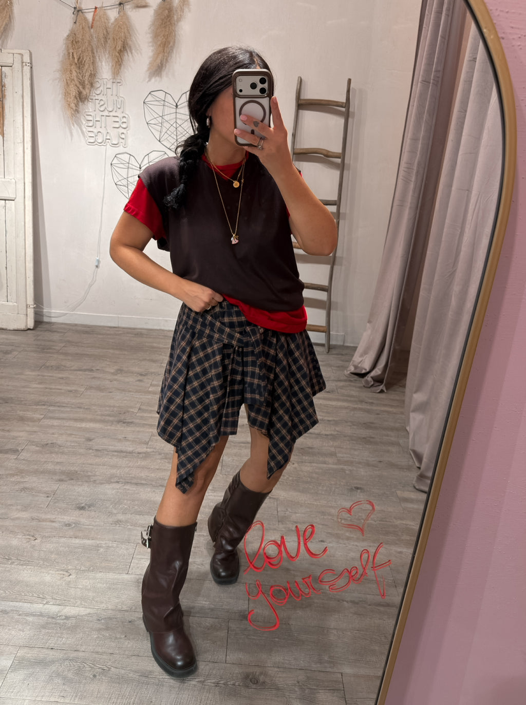 Gonna Nodo Camicia Check Blu/Rosso/Caffe