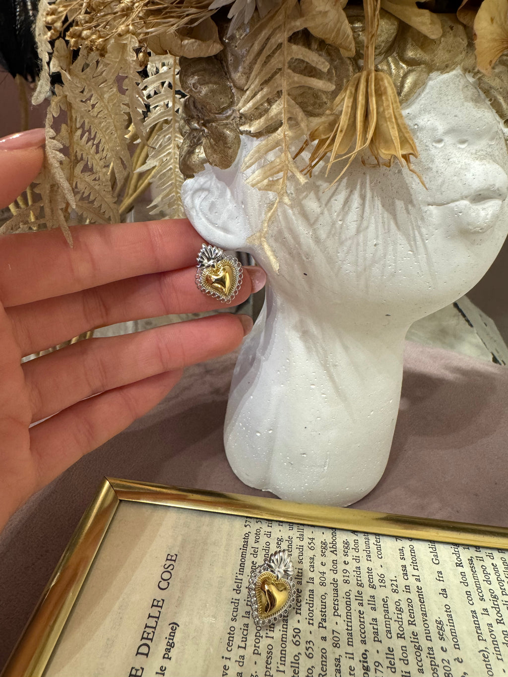 Orecchino Cuore Sacro Bicolore Oro e Argento
