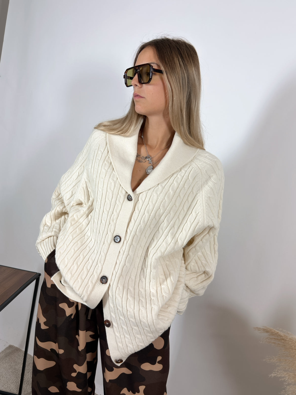 Maxi Cardigan Trecce Collo Sciallato Burro Glamorous