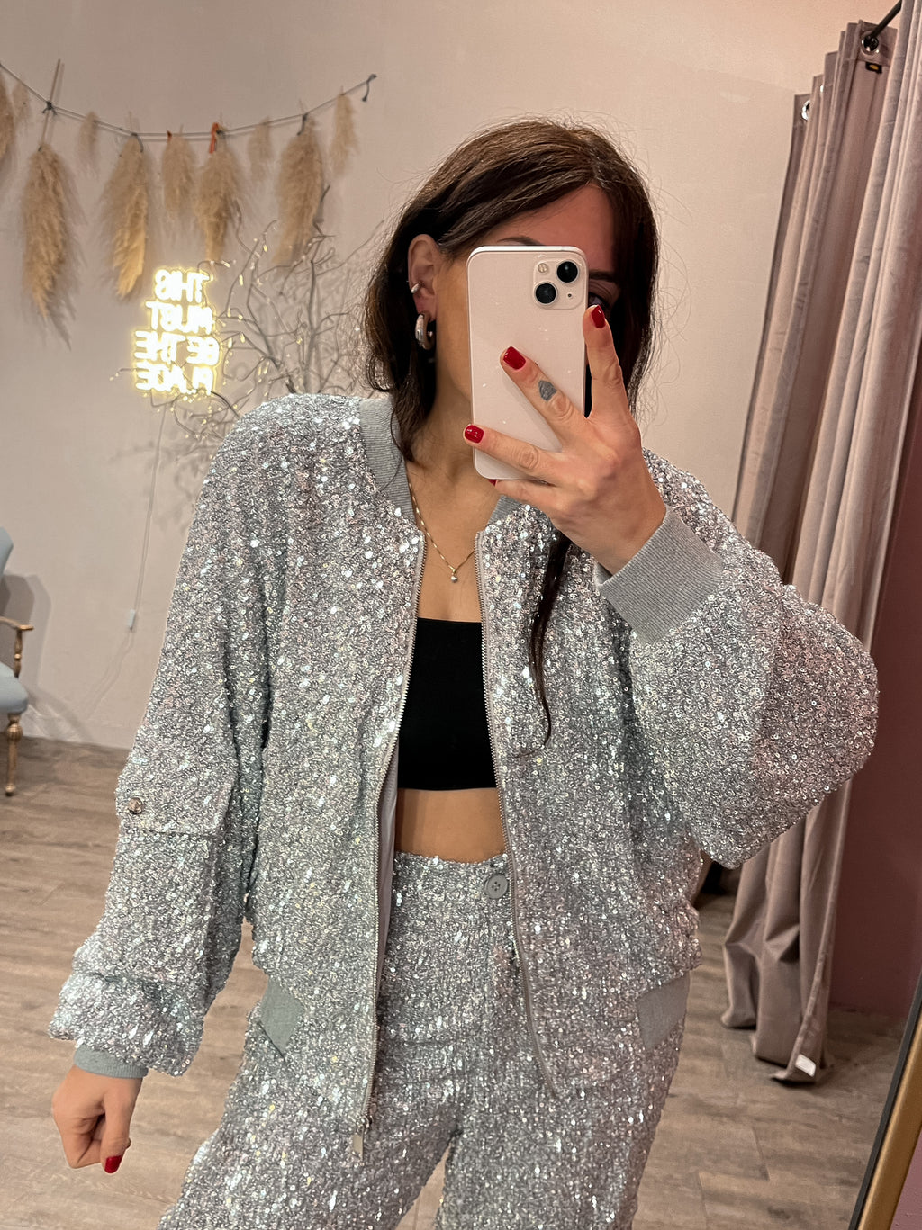 Giacca Bomber Paillettes Argento