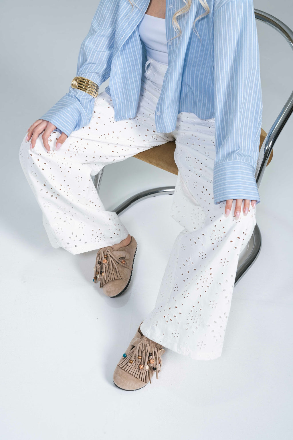 Pantalone Denim Pizzo Sangallo Bianco Glamorous