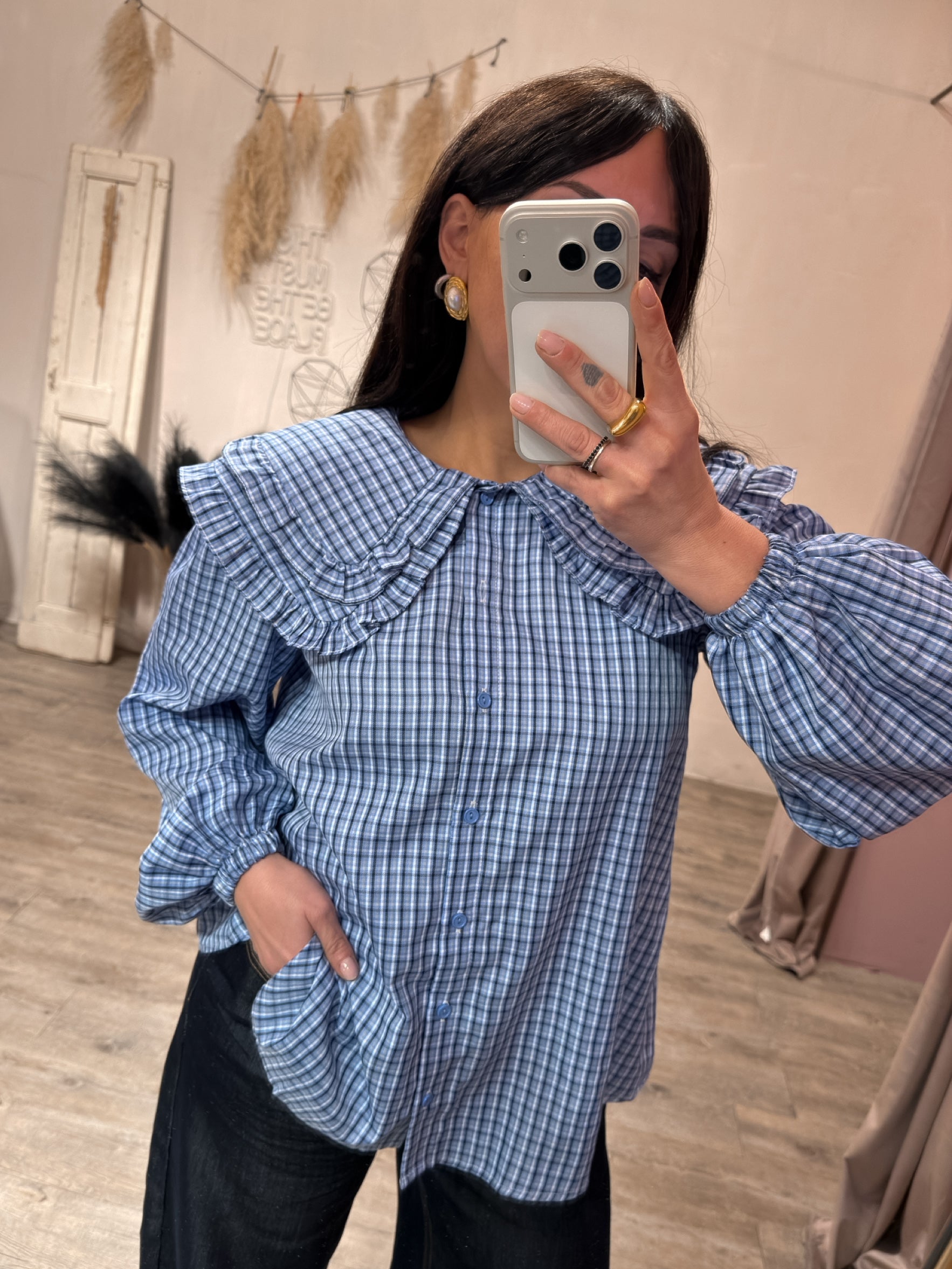 Maxi Camicia Bavero Check Blu Glamorous