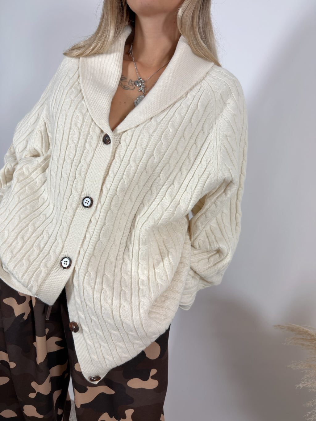 Maxi Cardigan Trecce Collo Sciallato Burro Glamorous