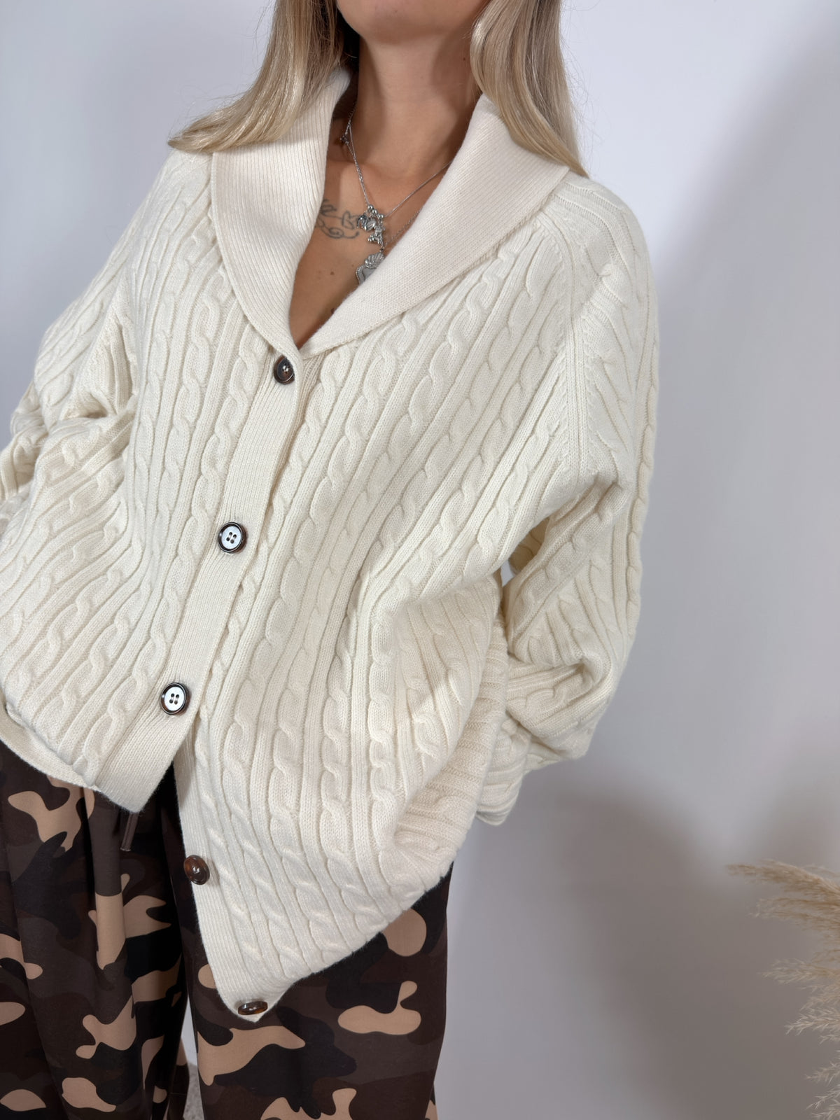 Maxi Cardigan Trecce Collo Sciallato Burro Glamorous